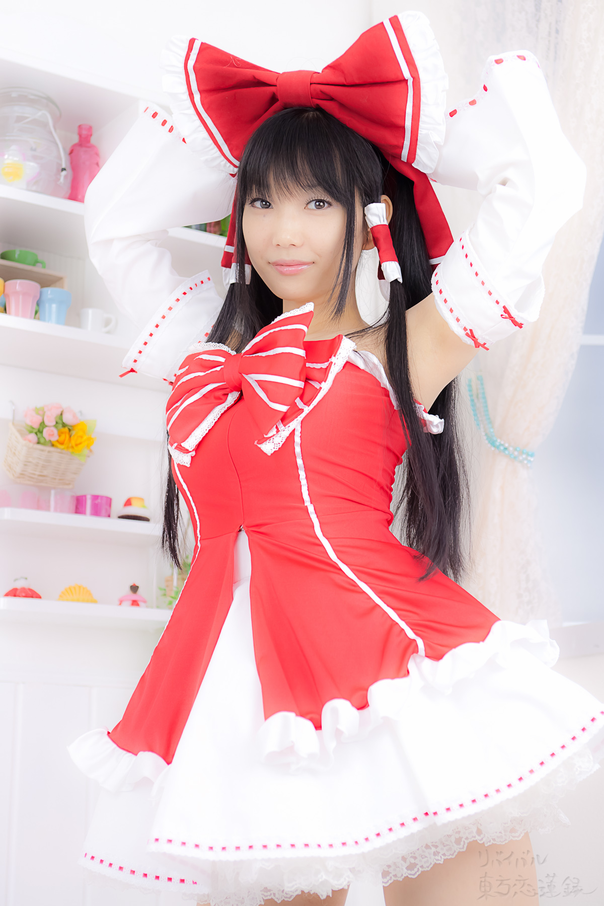 asian black_hair breasts cosplay dress female long_hair shoes solo thighhighs