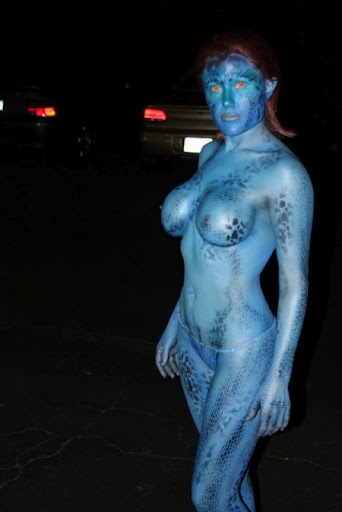 1girl blue_skin bodypaint breasts car cosplay female female_human hair human looking_at_viewer marvel mostly_nude mystique navel night nipples outdoor photo public real real_person standing topless x-men