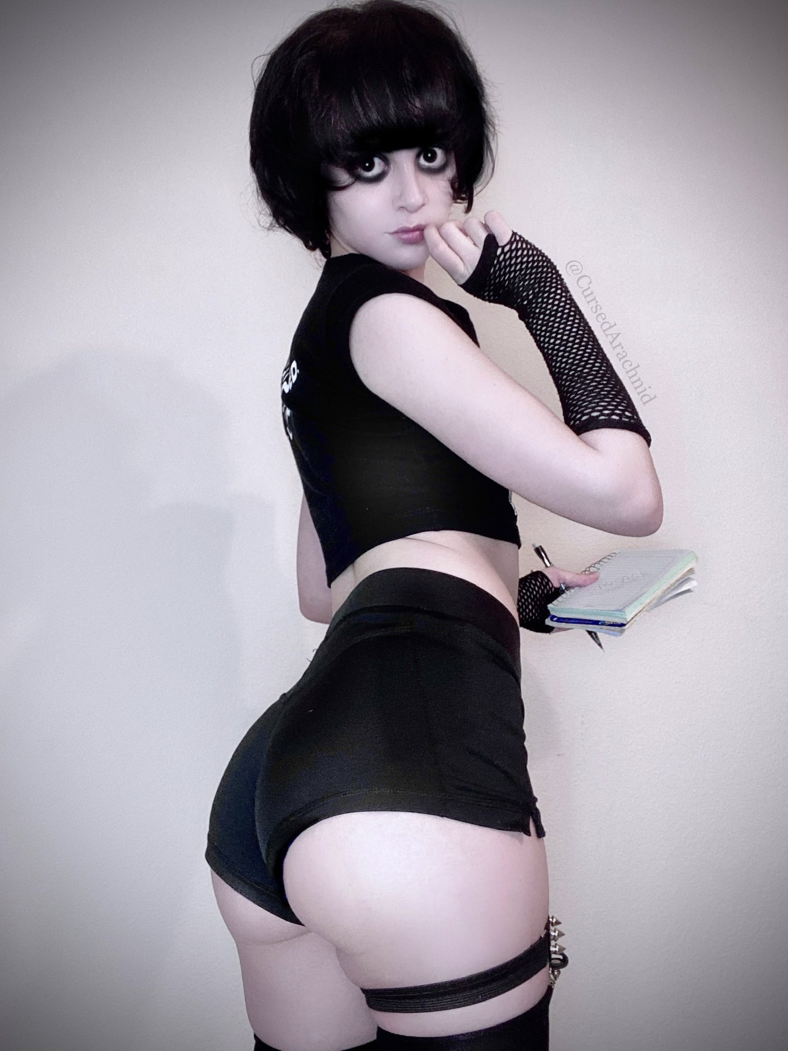 black_eyes black_hair black_shorts black_top booty_shorts castizo cursedarachnid femboy fishnet_gloves garter_straps goth pale_skin twink