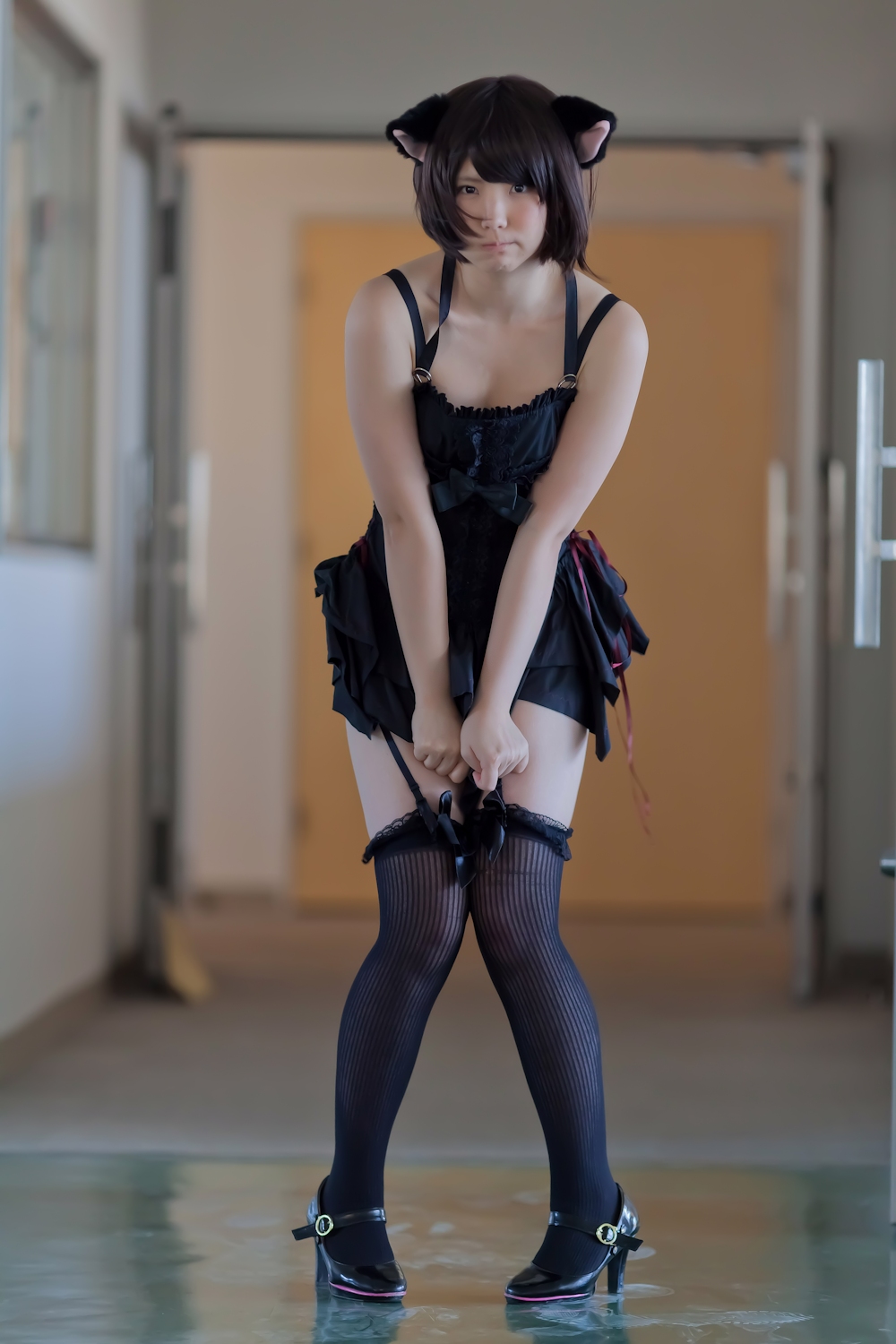 animal_ears asian black_hair breasts cosplay enako female long_hair solo