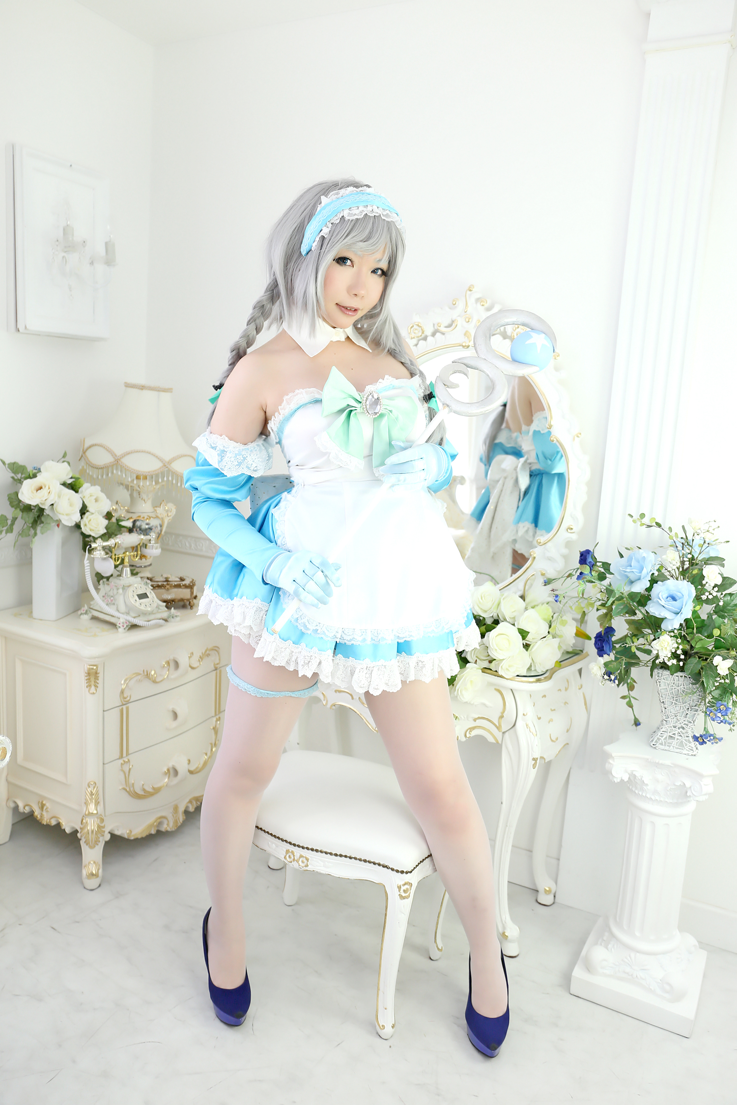 asian breasts cosplay dress female gloves gray_hair high_heels long_hair shoes solo thighhighs