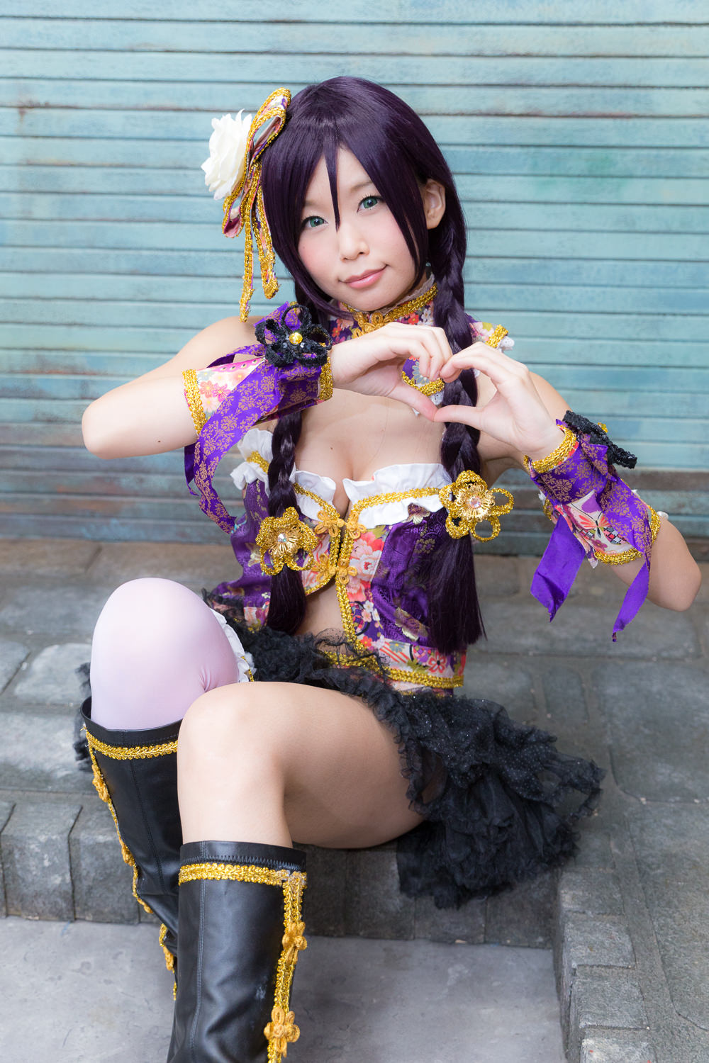 asian boots braid breasts female high_heels itsuki_akira long_hair midriff navel pigtails purple_hair solo