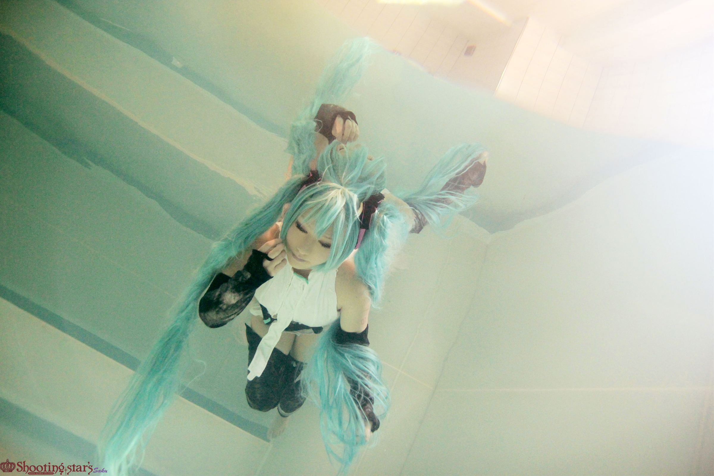 aqua_hair asian breasts cosplay elbow_gloves female gloves long_hair pigtails shooting_star solo watermark