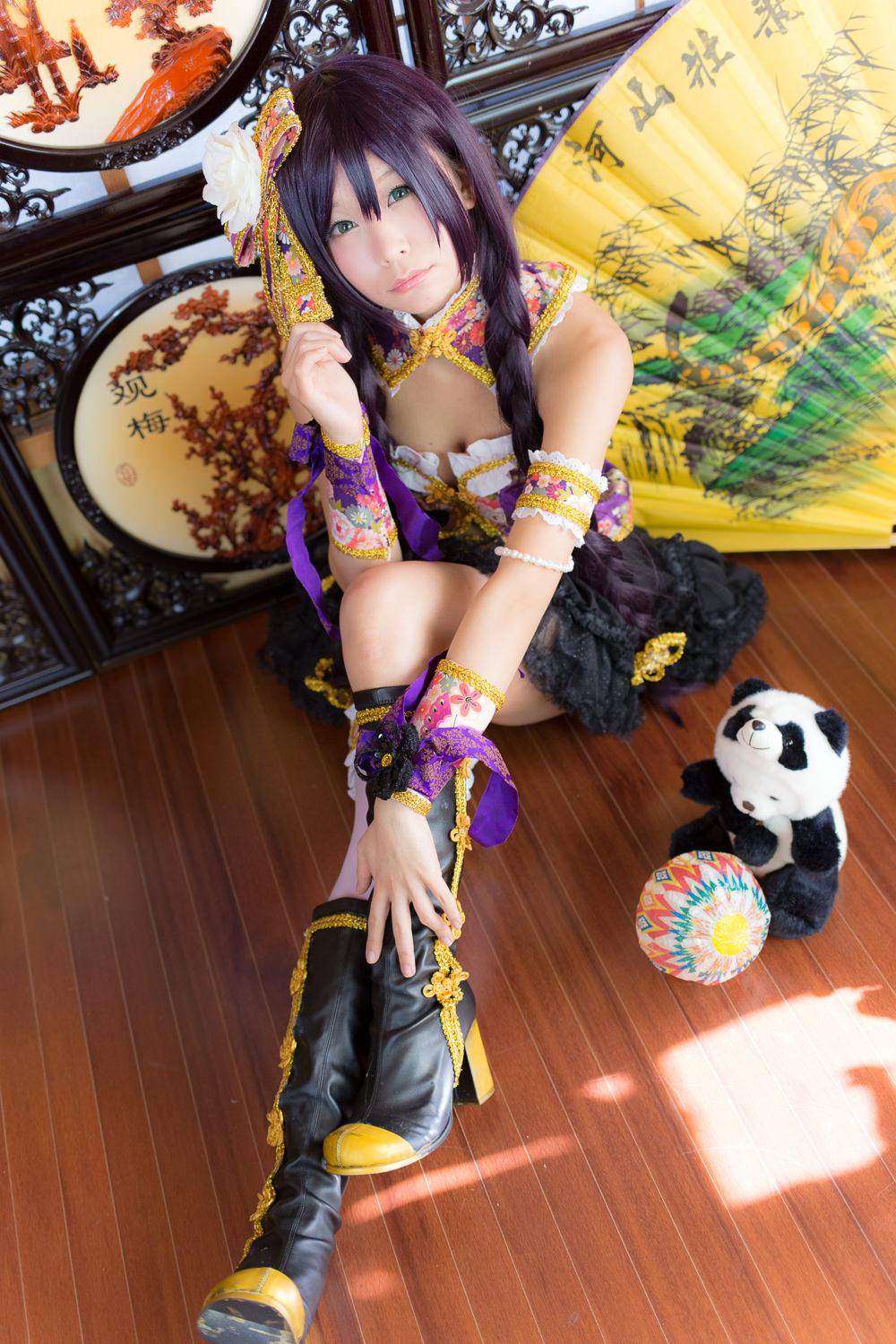 asian boots braid breasts female high_heels itsuki_akira long_hair midriff navel pigtails purple_hair solo