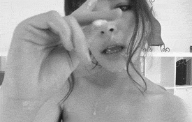 animated asian bangs black_hair blunt_bangs cum cum_string facial female gif looking_at_viewer monochrome nude open_mouth smile solo