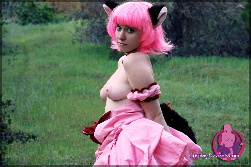 breasts cosplay cosplaydeviants female female_only ichigo_momomiya nipples pink_hair solo solo_female tokyo_mew_mew watermark