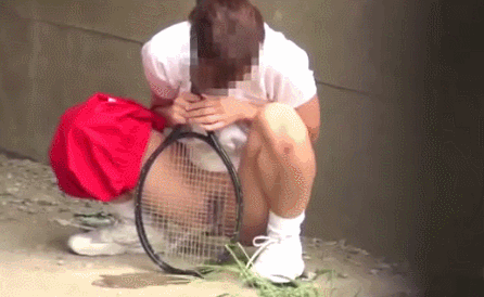 animated asian censored female gif outside peeing photo shorts_around_leg sneakers squatting tennis_racket