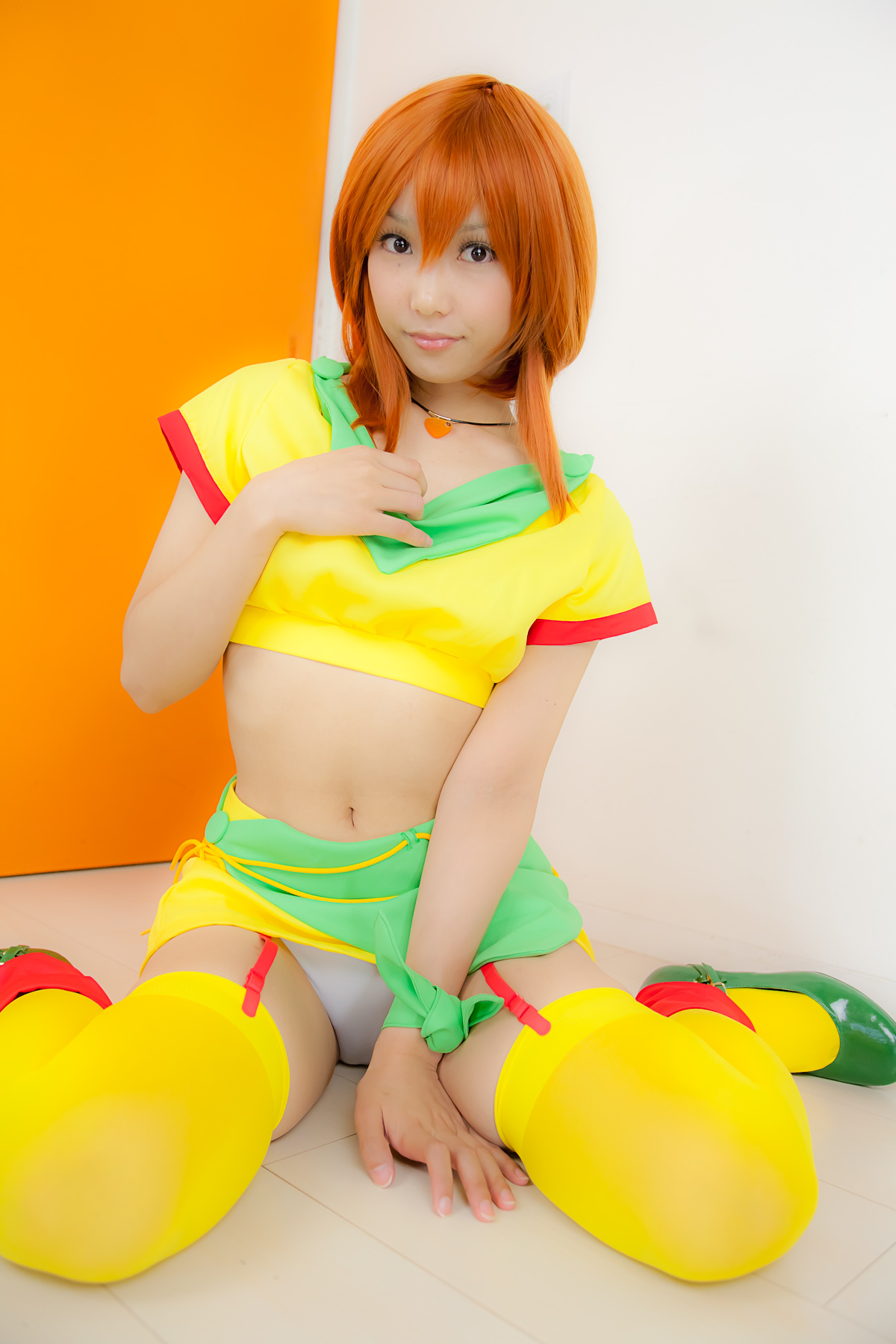 asian breasts cosplay female garter_belt long_hair midriff necklace orange_hair panties skirt solo thighhighs