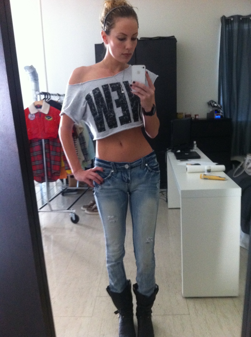 1girl boots crop_top crop_top_overhang denim female midriff slender solo tagme white_female