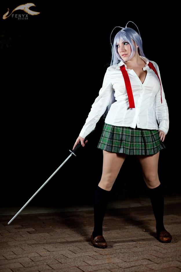 aqua_hair asian breasts cleavage cosplay female long_hair shoes skirt socks solo sword weapon