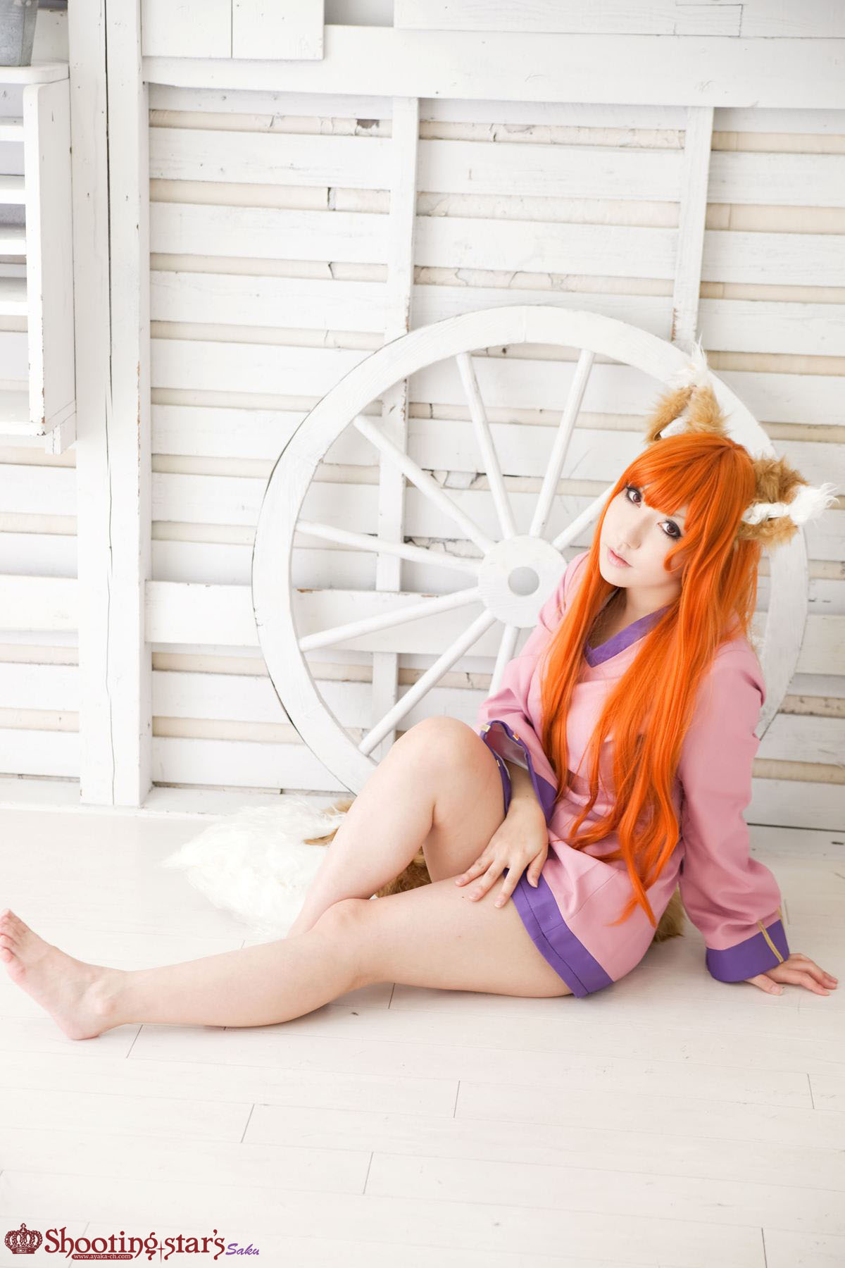 animal_ears asian breasts cosplay female long_hair orange_hair shooting_star solo watermark