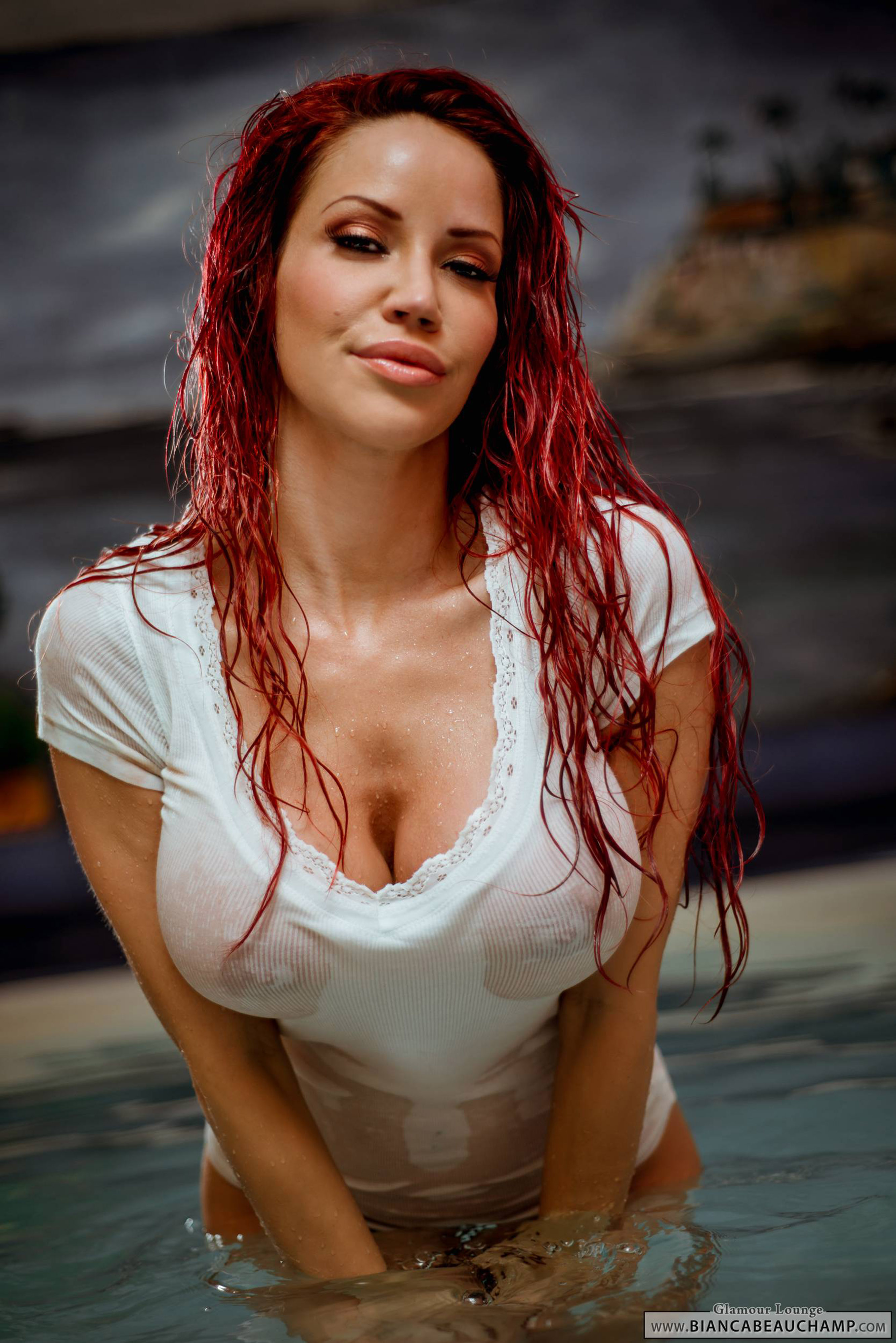 bianca_beauchamp breasts erect_nipples female large_breasts long_hair nipples panties red_hair see-through shirt solo water watermark wet
