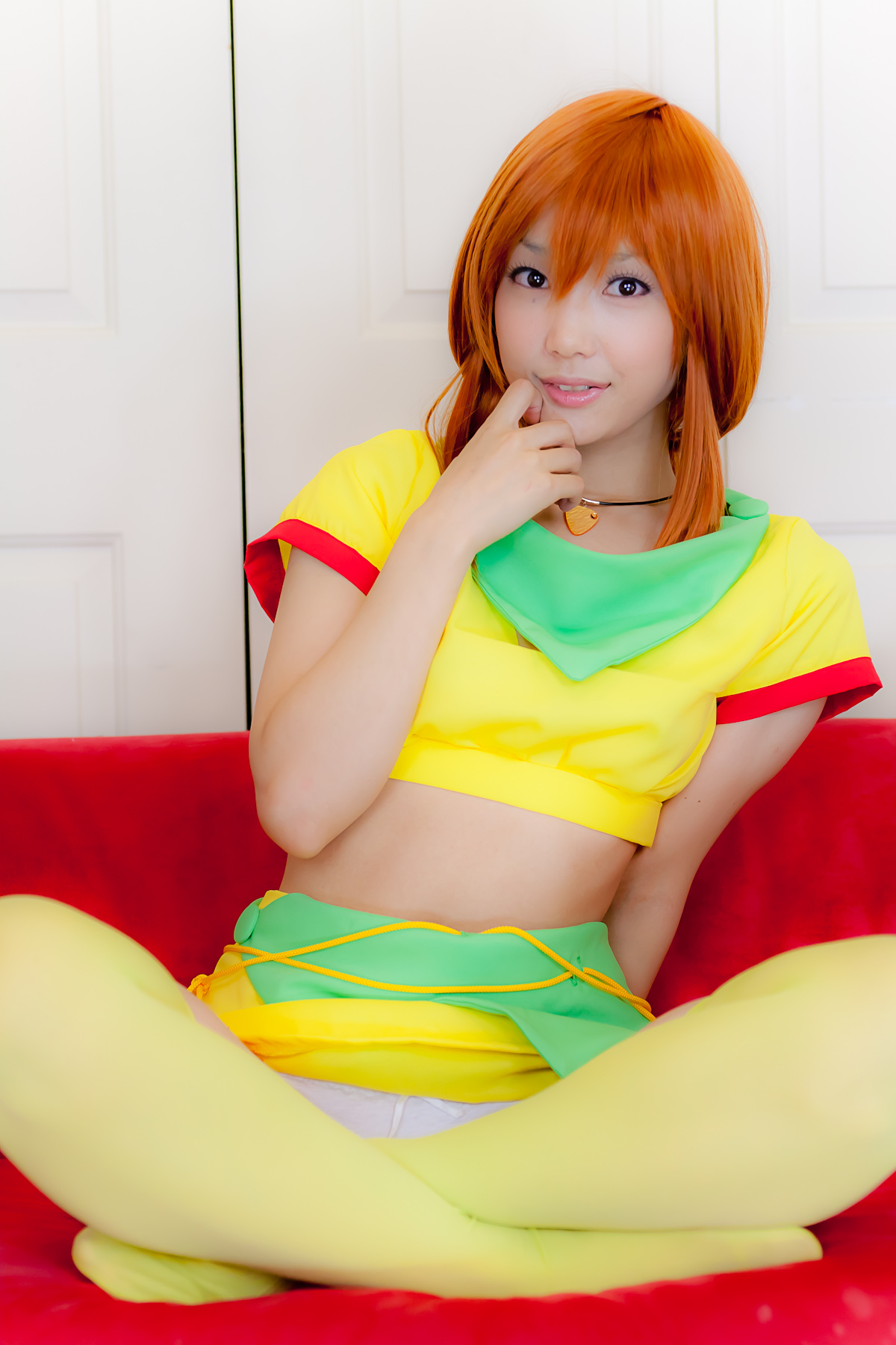 asian breasts cosplay female garter_belt long_hair midriff necklace orange_hair panties skirt solo thighhighs