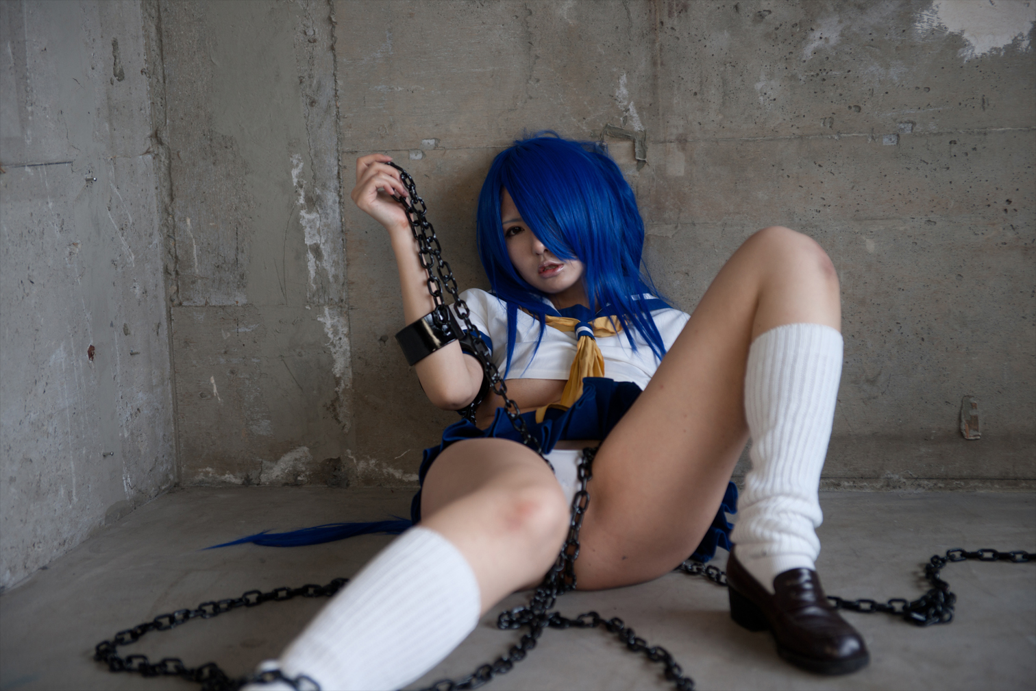 asian blue_hair breasts chains cosplay female long_hair midriff navel necktie shoes skirt socks solo underboob