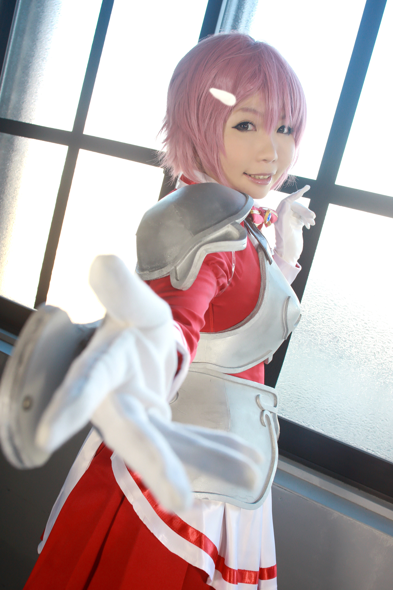 asian boots breasts cosplay dress female high_heels pink_hair short_hair solo