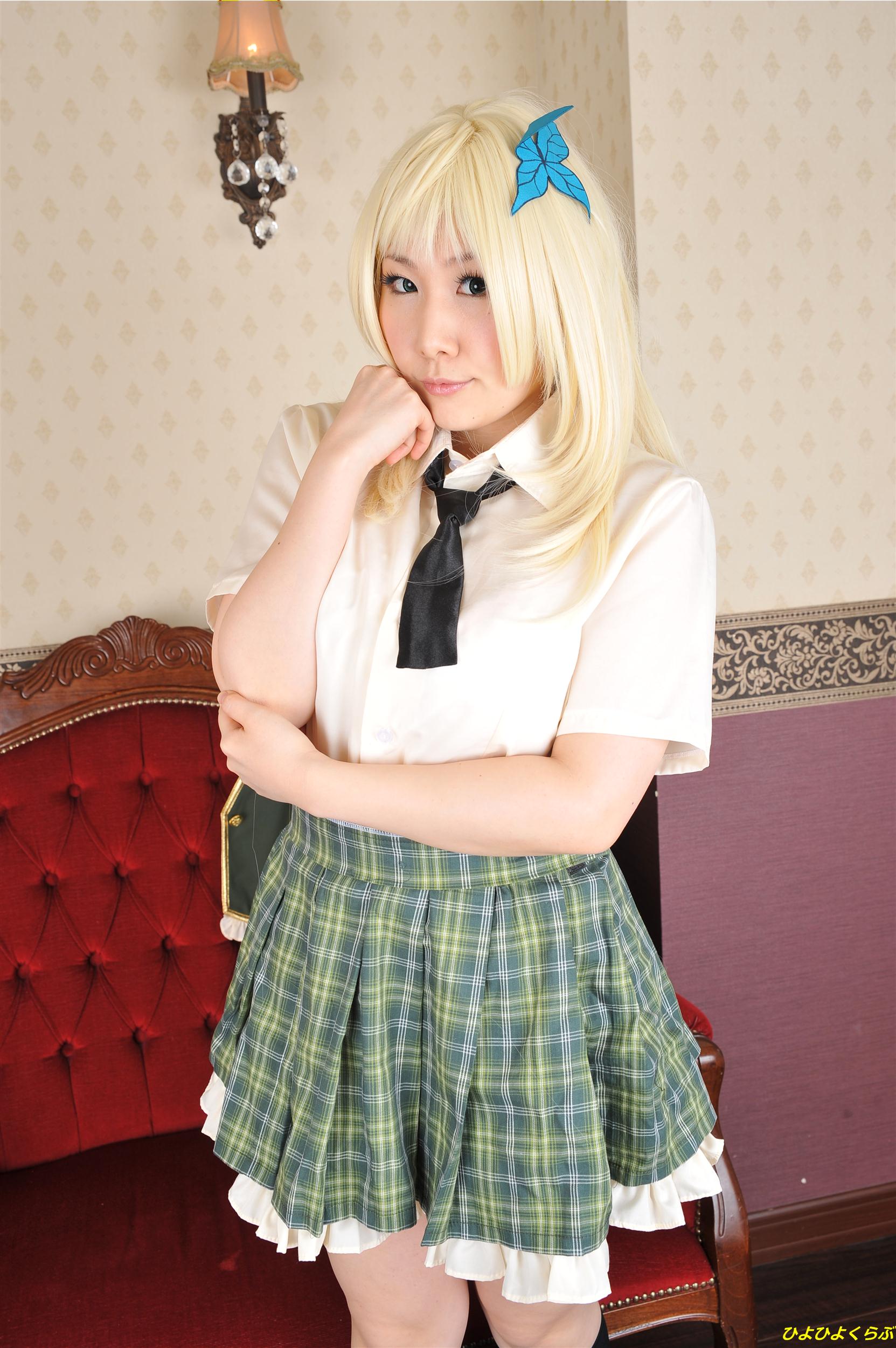 asian blonde_hair breasts cosplay female high_heels long_hair necktie shoes skirt socks solo