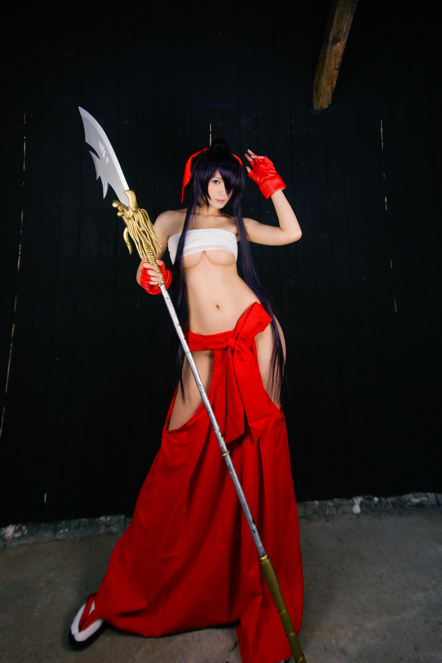 asian breasts cleavage cosplay female gloves long_hair midriff navel purple_hair solo spear underboob weapon