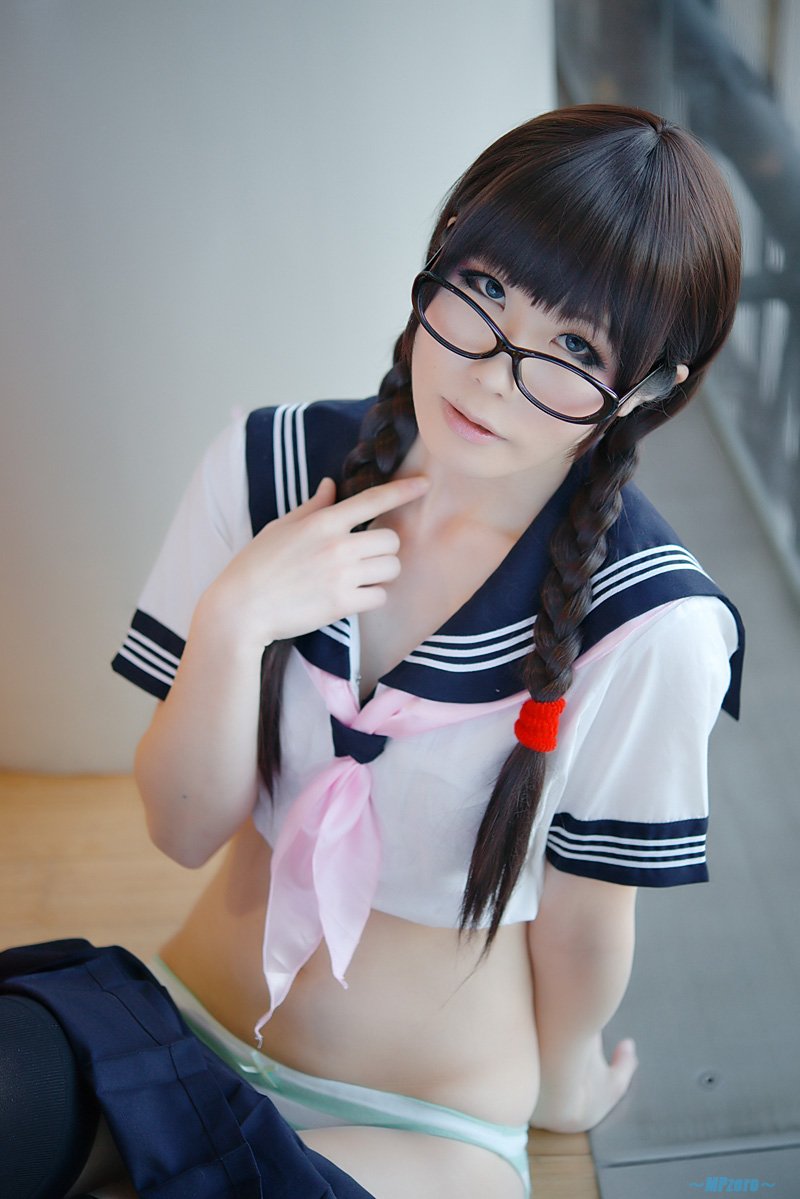asian black_hair breasts cosplay female glasses haruka long_hair solo