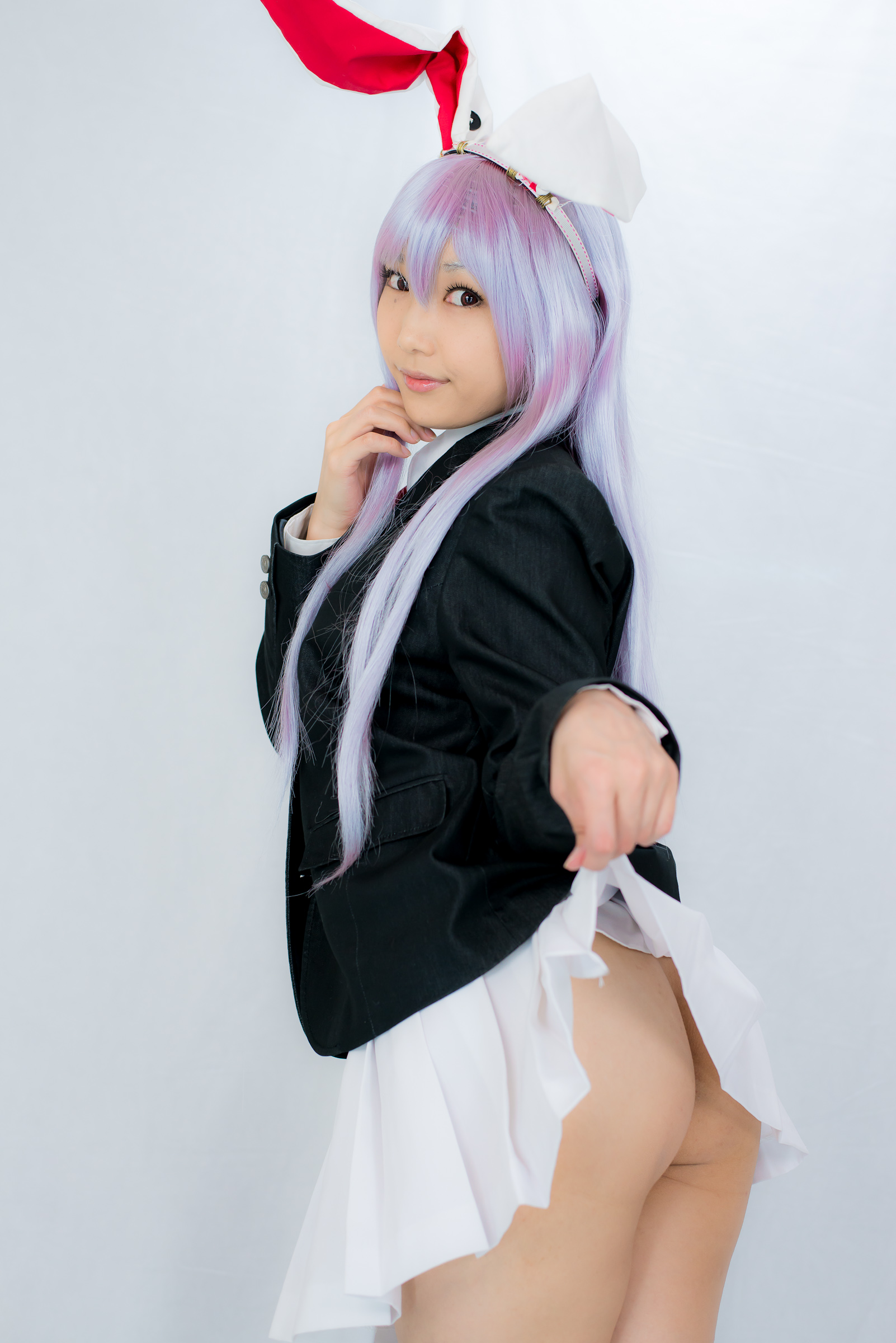 animal_ears asian ass breasts female high_heels lenfried long_hair looking_back necktie purple_hair shoes simple_background skirt socks solo watermark