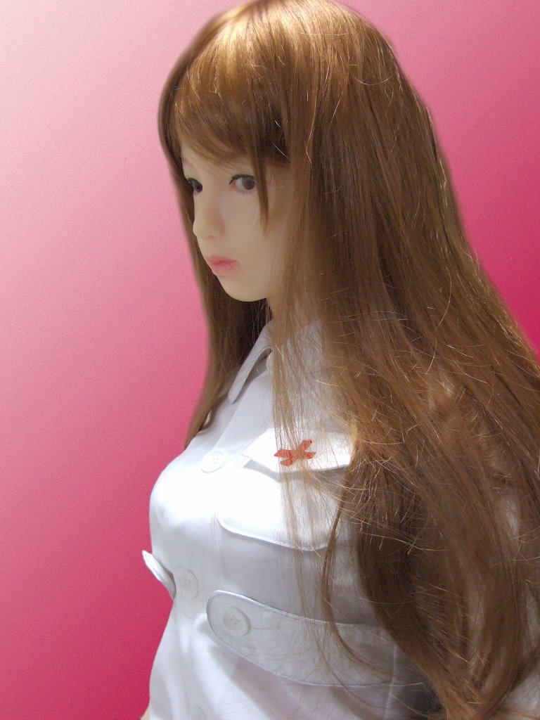 breasts brown_hair long_hair sex_doll simple_background solo