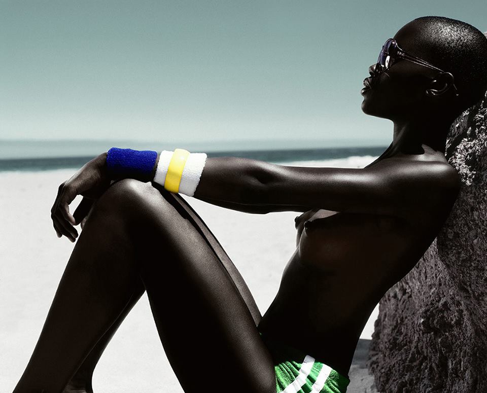 bald beach dark_skin female kaone_kario nipples sitting skinny solo sunglasses tagme very_dark_skin