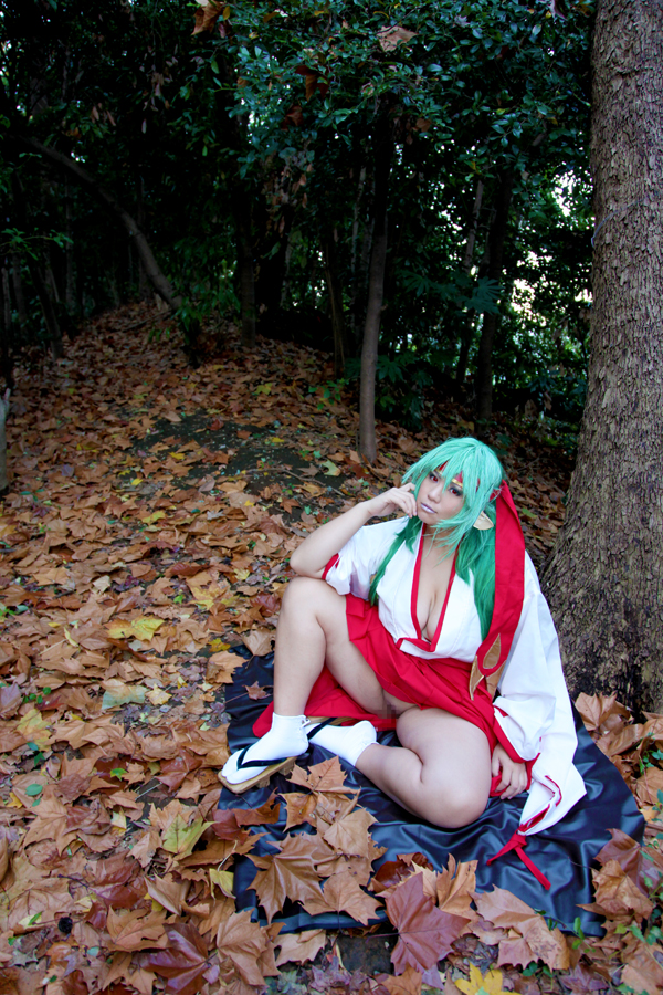 asian breasts censored chouzuki_maryou cleavage cosplay female green_hair headband huge_breasts long_hair no_panties pussy sandals socks solo