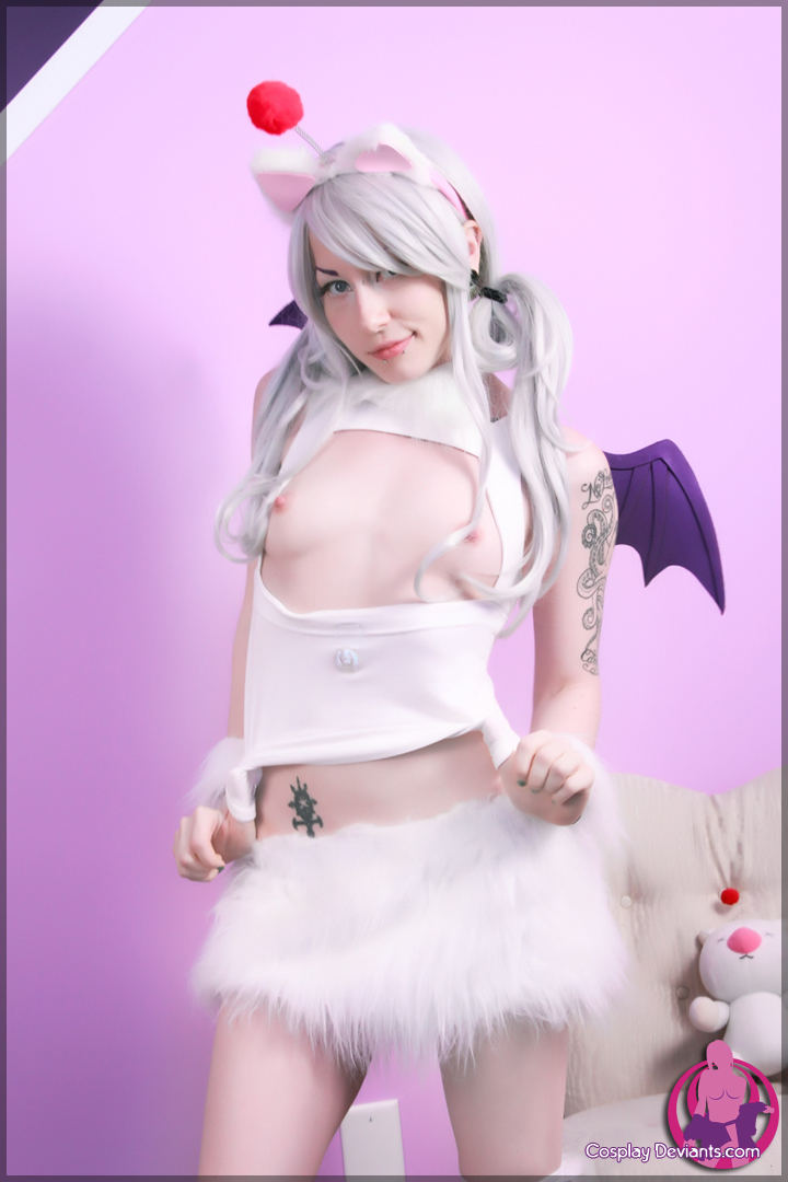 breasts cosplay female grey_hair hat long_hair piercing porphyria solo tattoo watermark wings