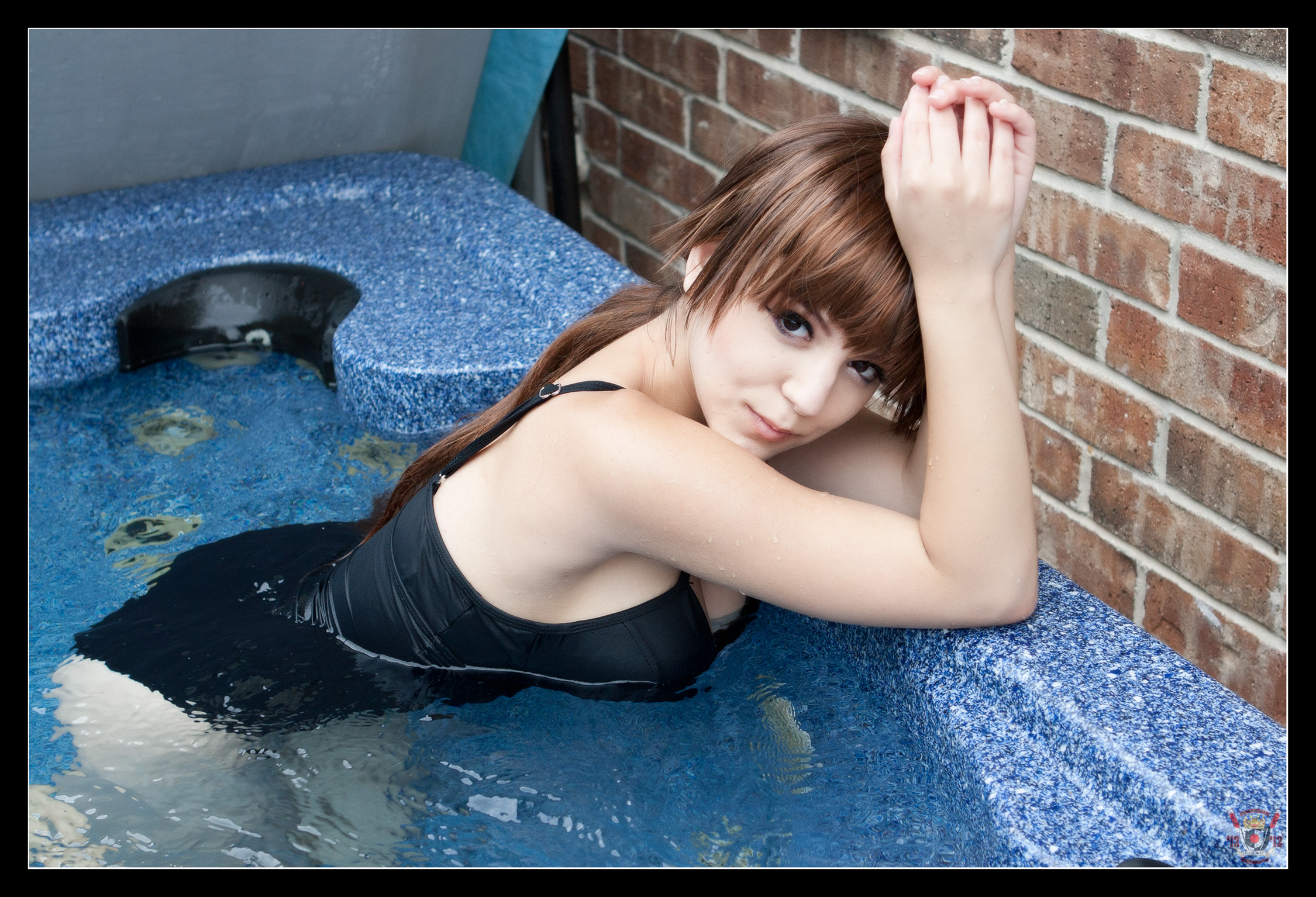 breasts brown_hair bunny_ayumi cleavage cosplay female large_breasts long_hair outside solo swimsuit water wet