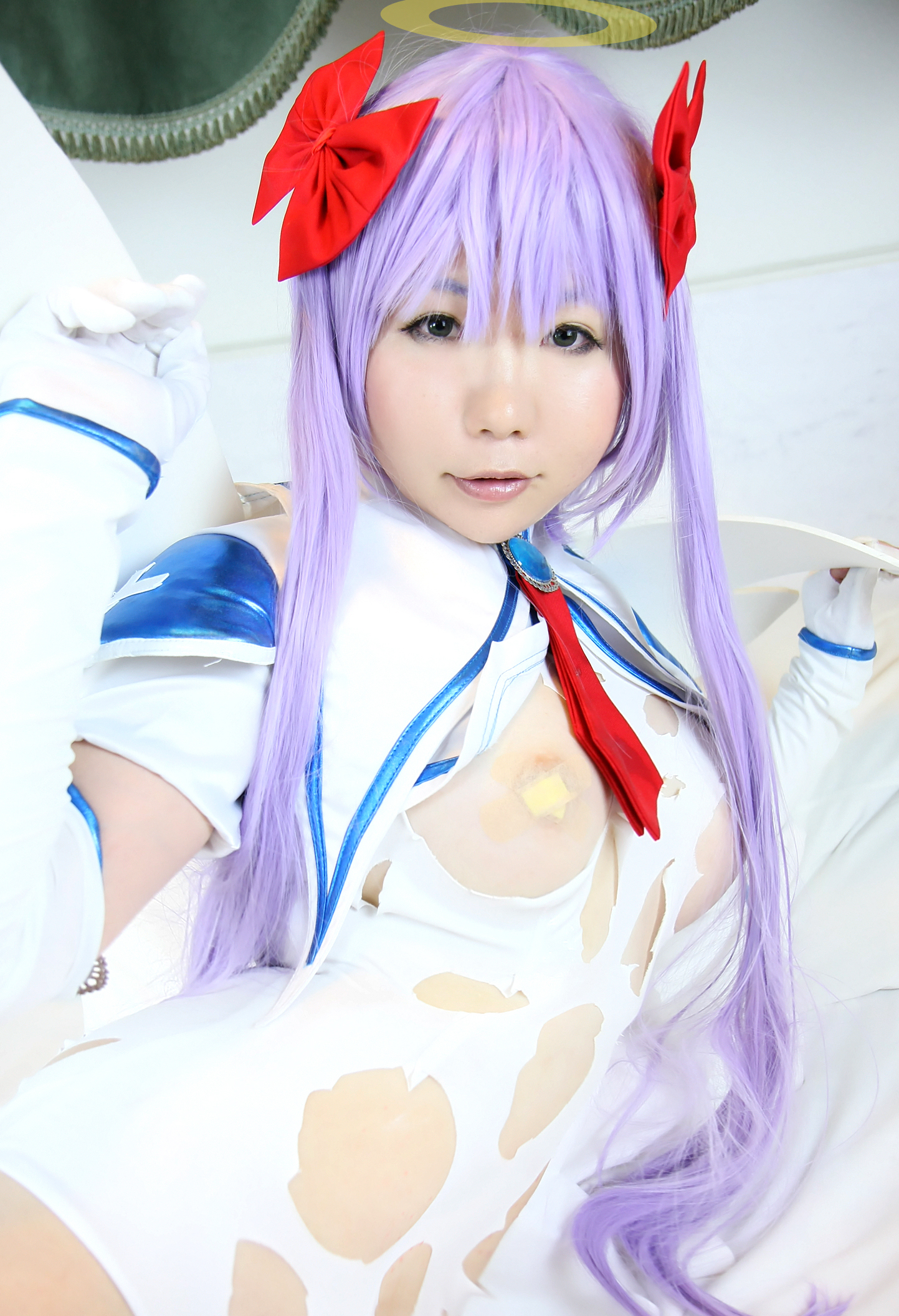 asian breasts cosplay female gloves high_heels leotard long_hair necktie purple_hair shoes solo twintails wings