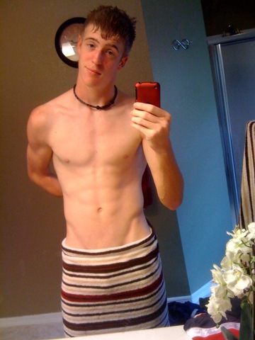 bathroom blond_hair brown_eyes gay male photo self_shot topless towel
