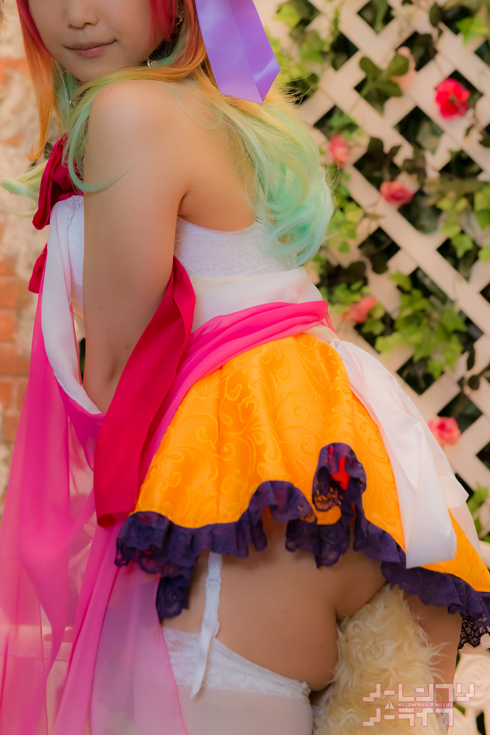 asian ass breasts cosplay female lenfried long_hair looking_back pink_hair solo watermark