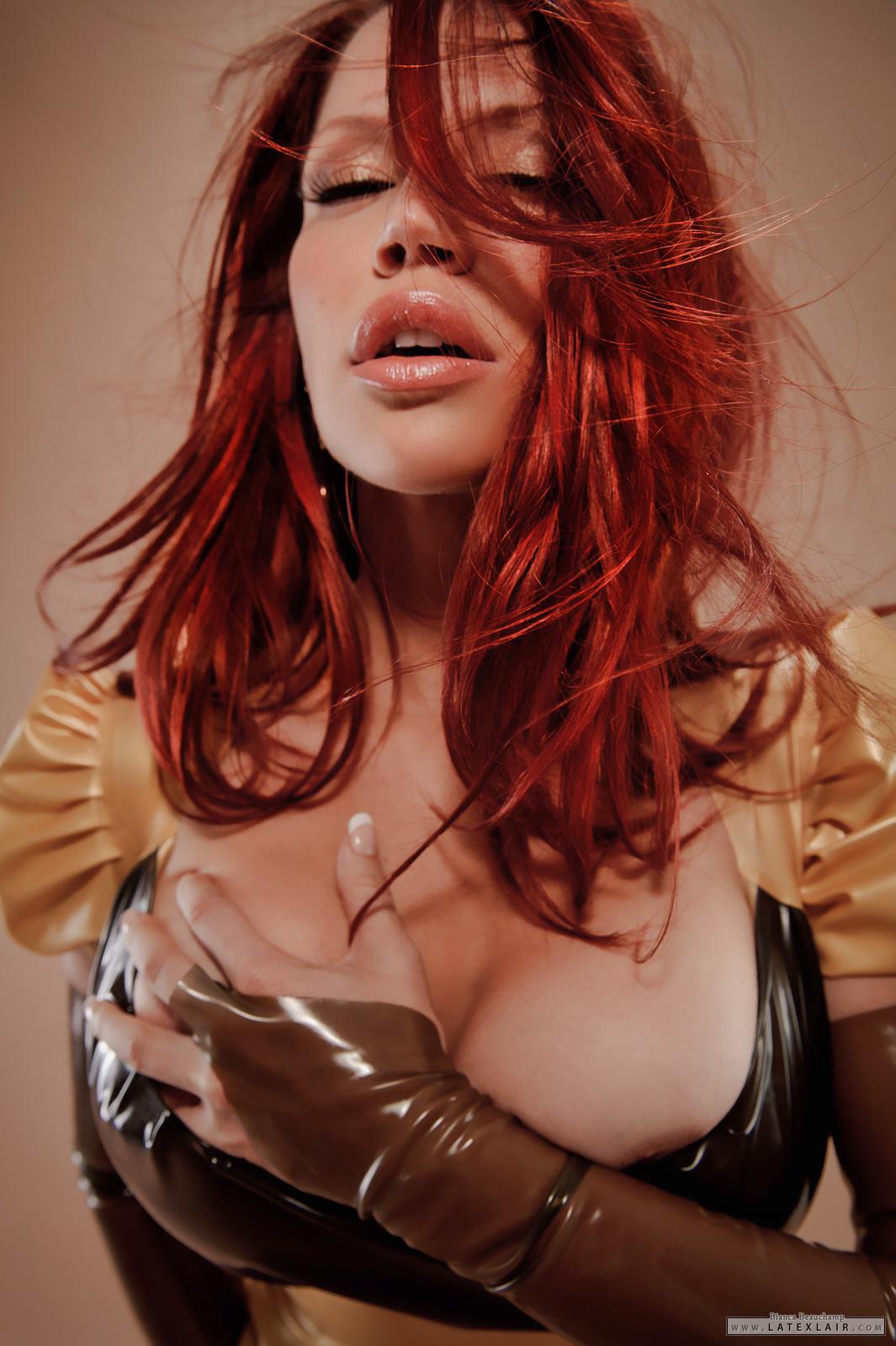 bianca_beauchamp breasts cleavage dress erect_nipples female high_heels large_breasts latex long_hair nipples red_hair shoes simple_background solo watermark