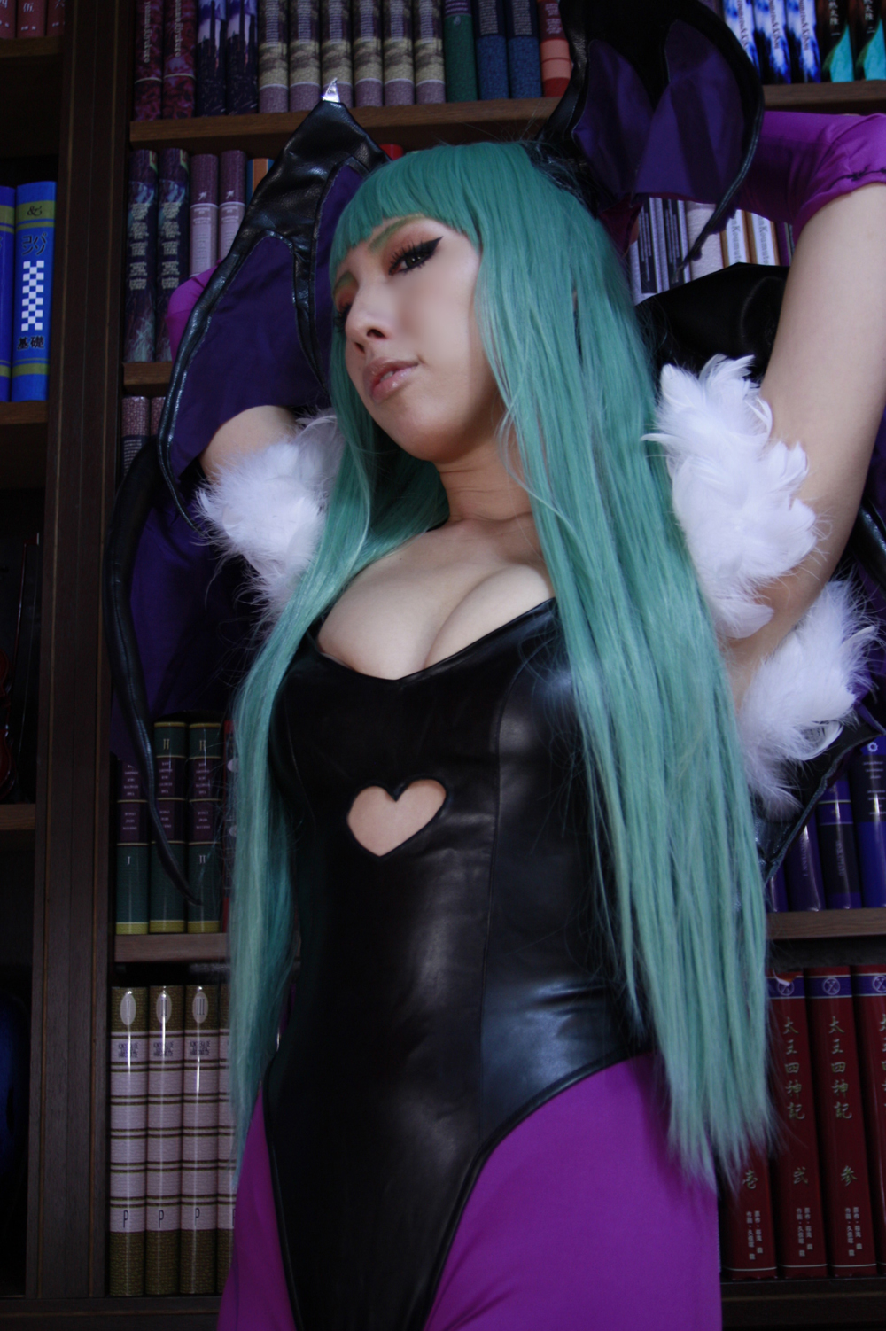 asian bare_shoulders breasts cleavage cosplay female green_hair large_breasts leotard long_hair nonsummerjack solo wings