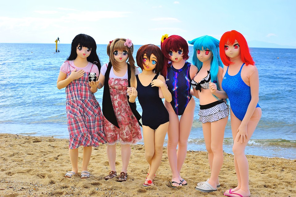 beach bikini breasts female kigurumi long_hair shoes smile swimsuit water