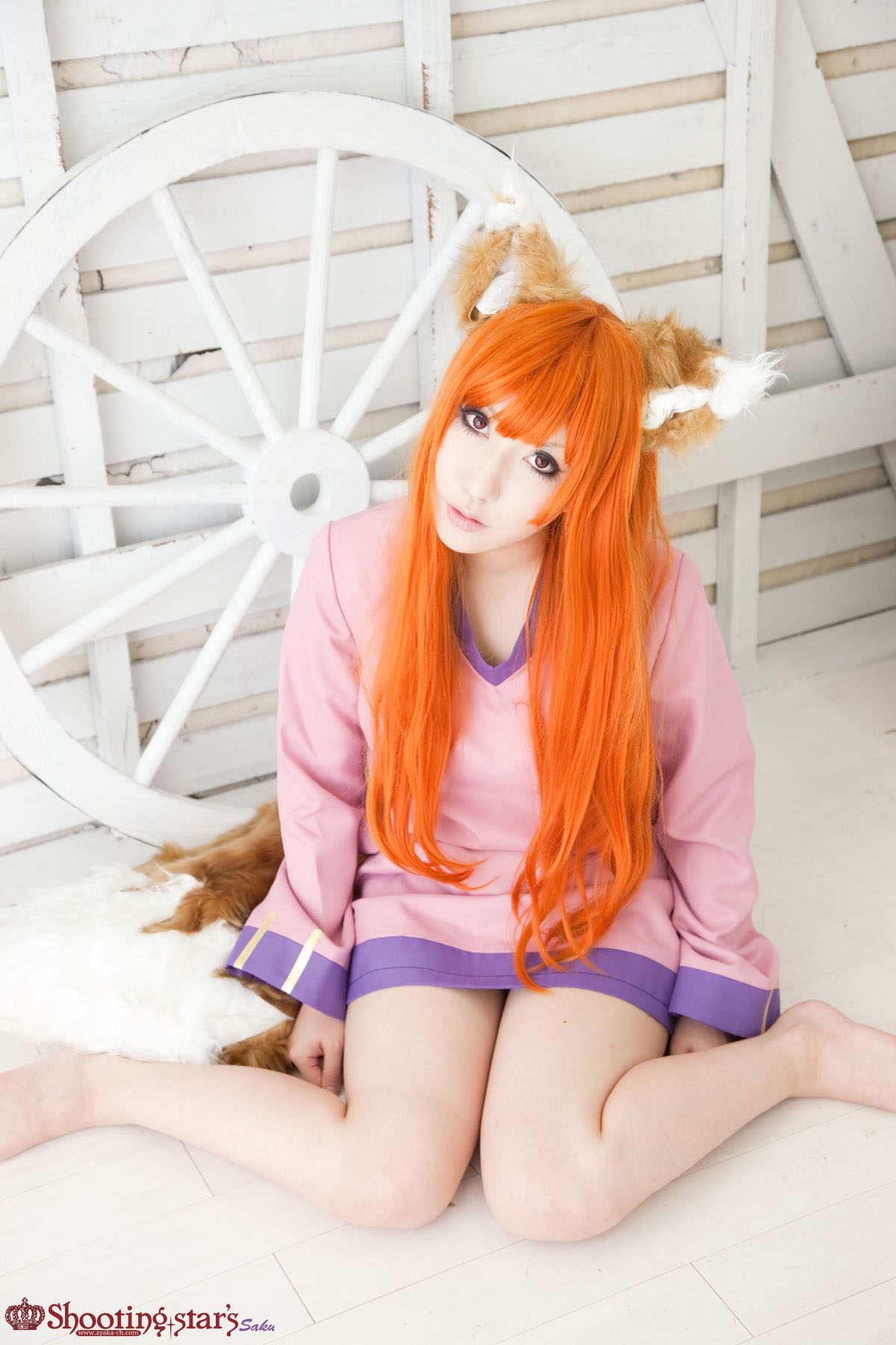 animal_ears asian breasts cosplay female long_hair orange_hair shooting_star solo watermark