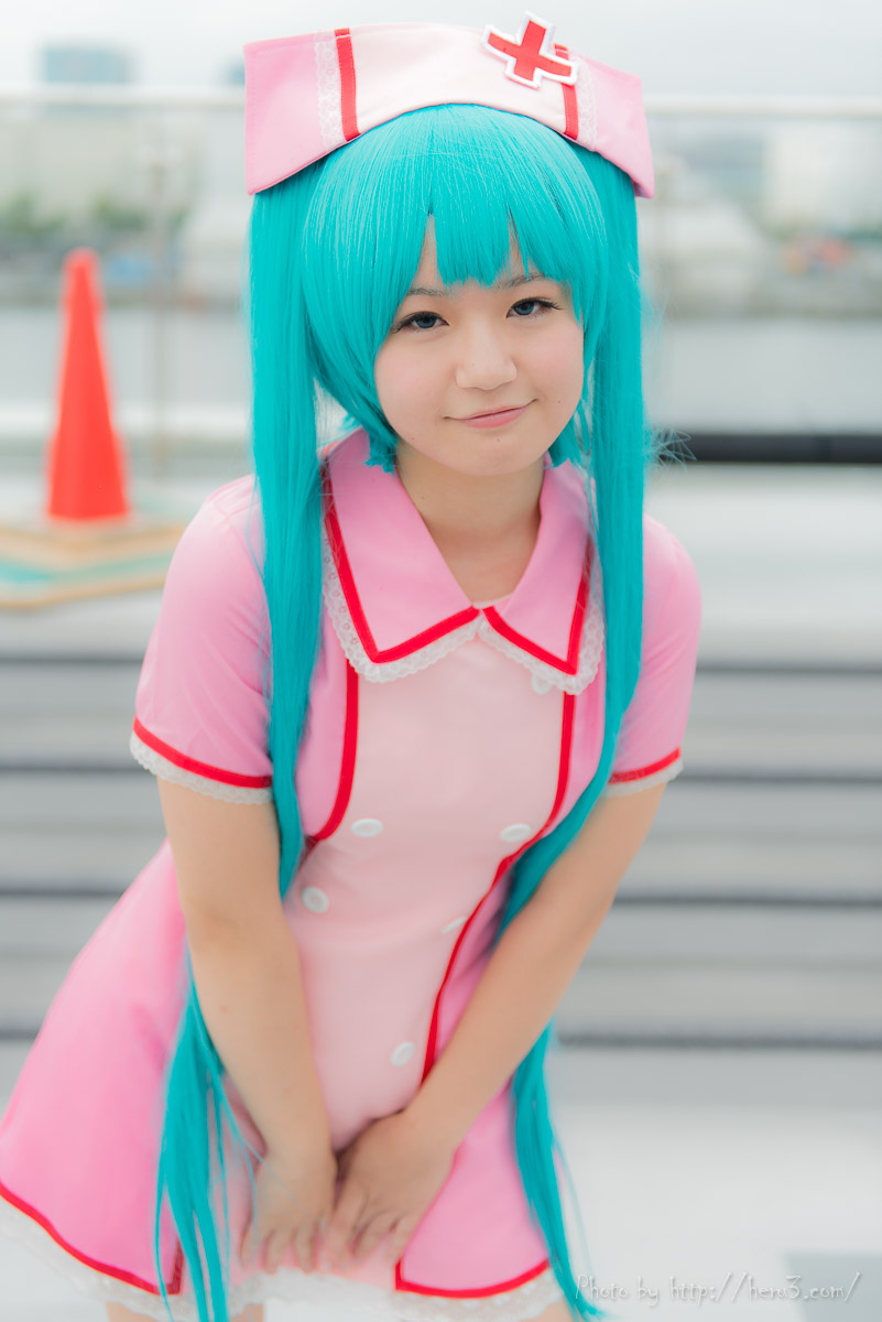 aqua_hair asian breasts cosplay female hat long_hair nurse outside pigtails solo