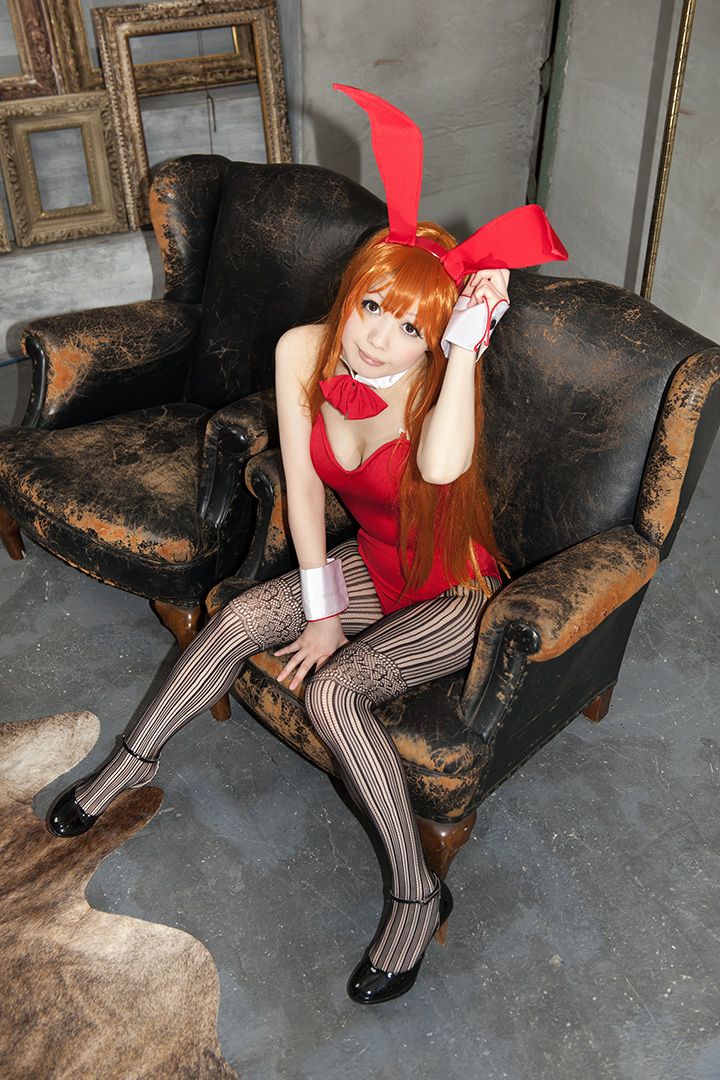 animal_ears asian breasts cosplay female high_heels leotard long_hair orange_hair pantyhose shizuku shoes solo