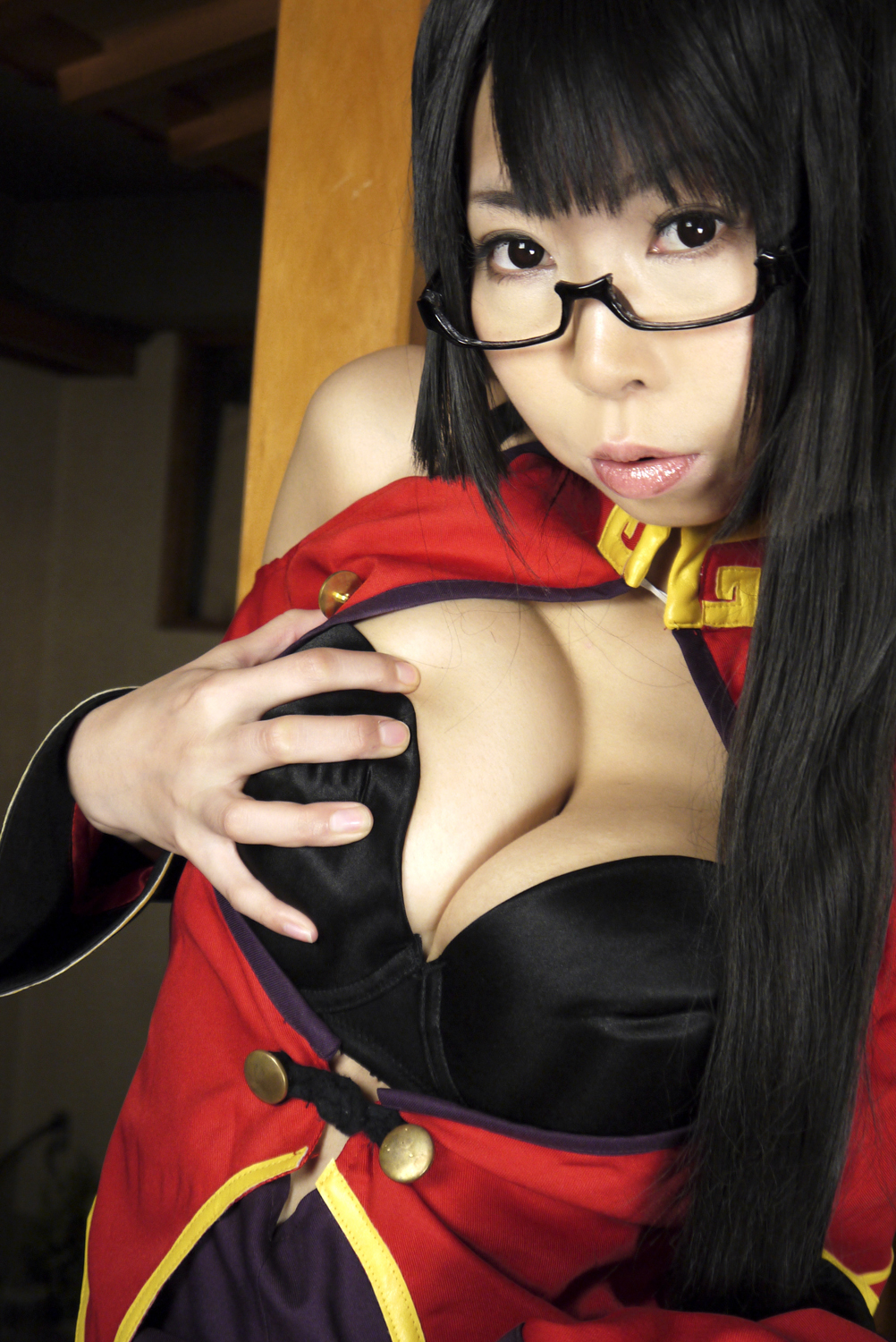 ashiya_noriko asian black_hair breasts cleavage female glasses high_heels large_breasts long_hair ponytail shoes solo