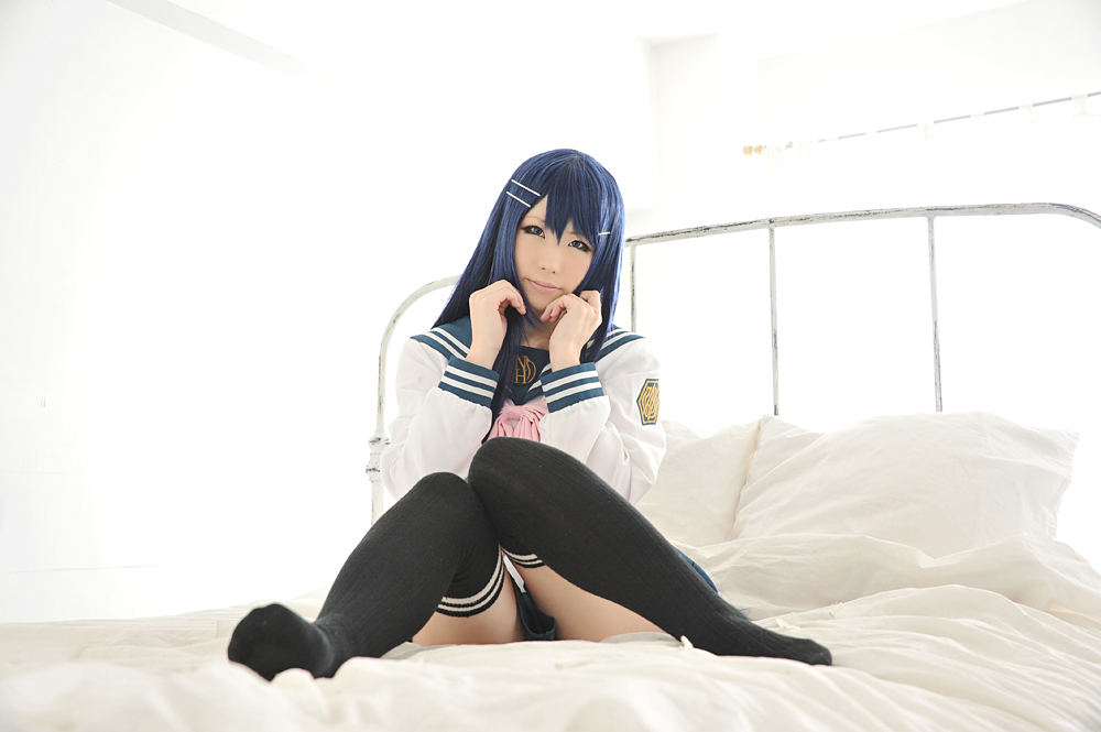 1girl asian blue_hair breasts cosplay cute female female_focus female_only long_hair skirt solo solo_female thighhighs