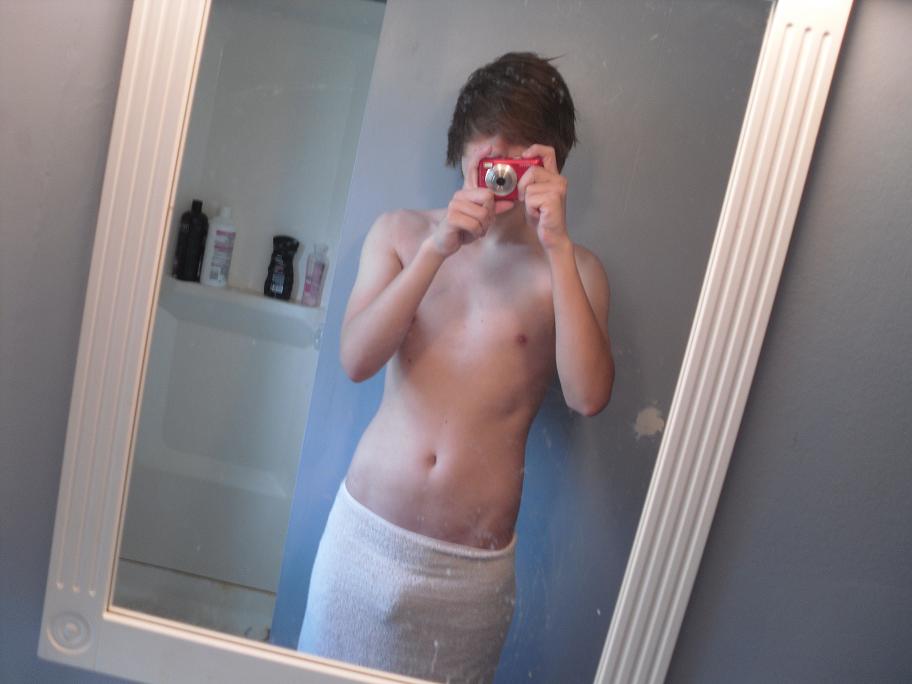 boy bulge emo male mirror photo selfpic shower topless towel