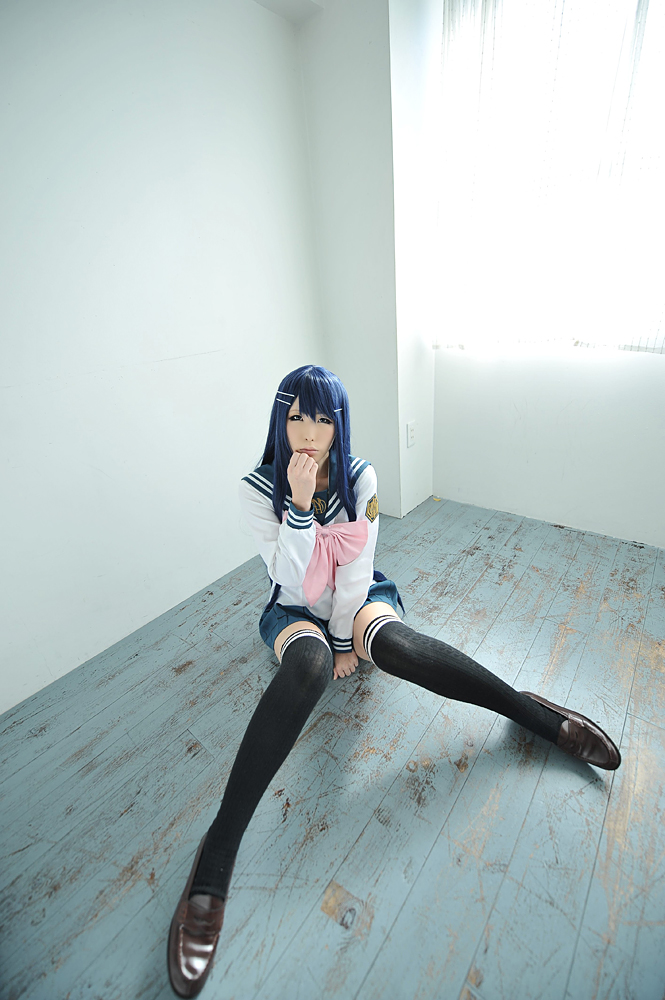 asian blue_hair breasts clothed cosplay female long_hair simple_background skirt solo thighhighs