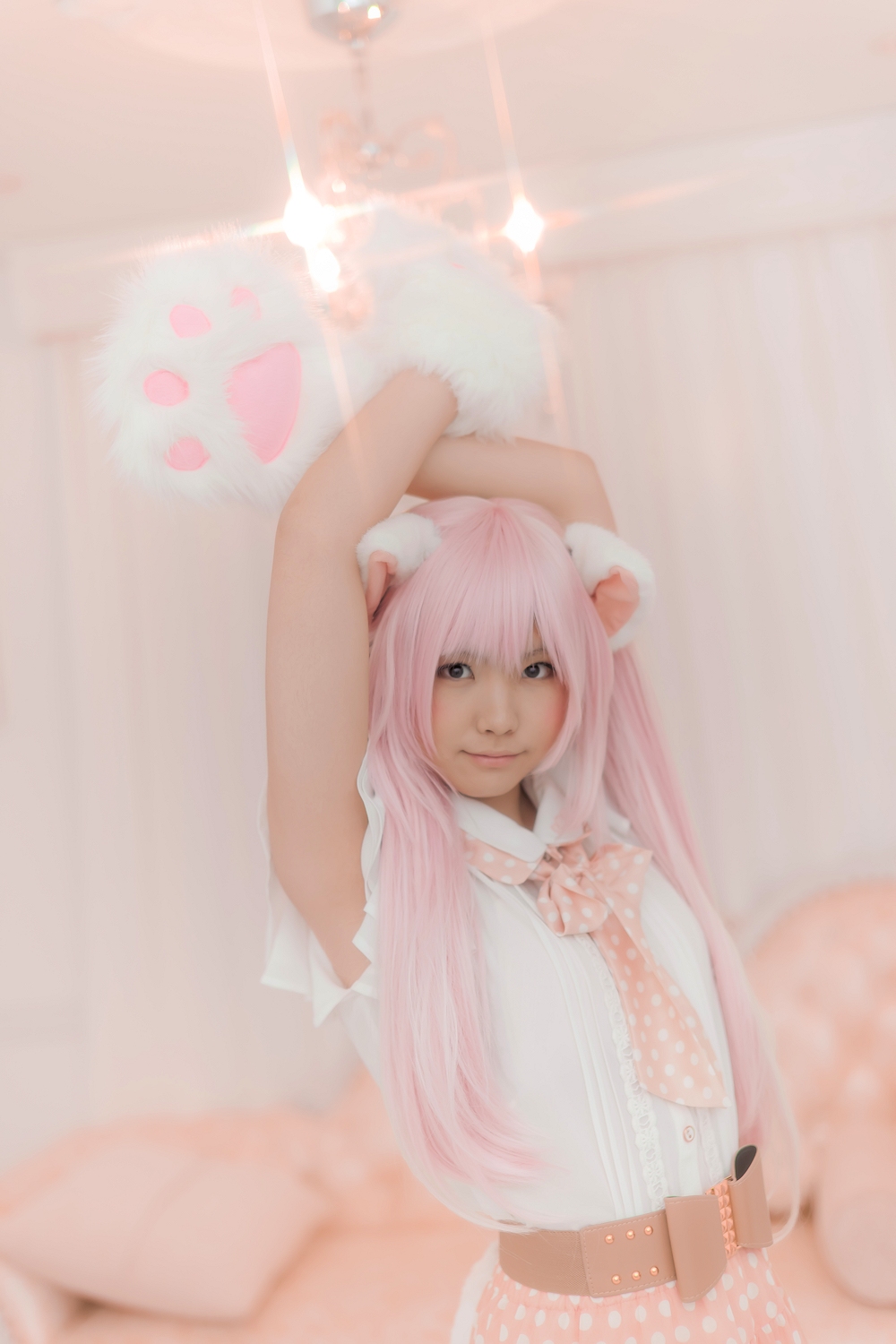 animal_ears asian breasts cosplay enako female long_hair pink_hair solo