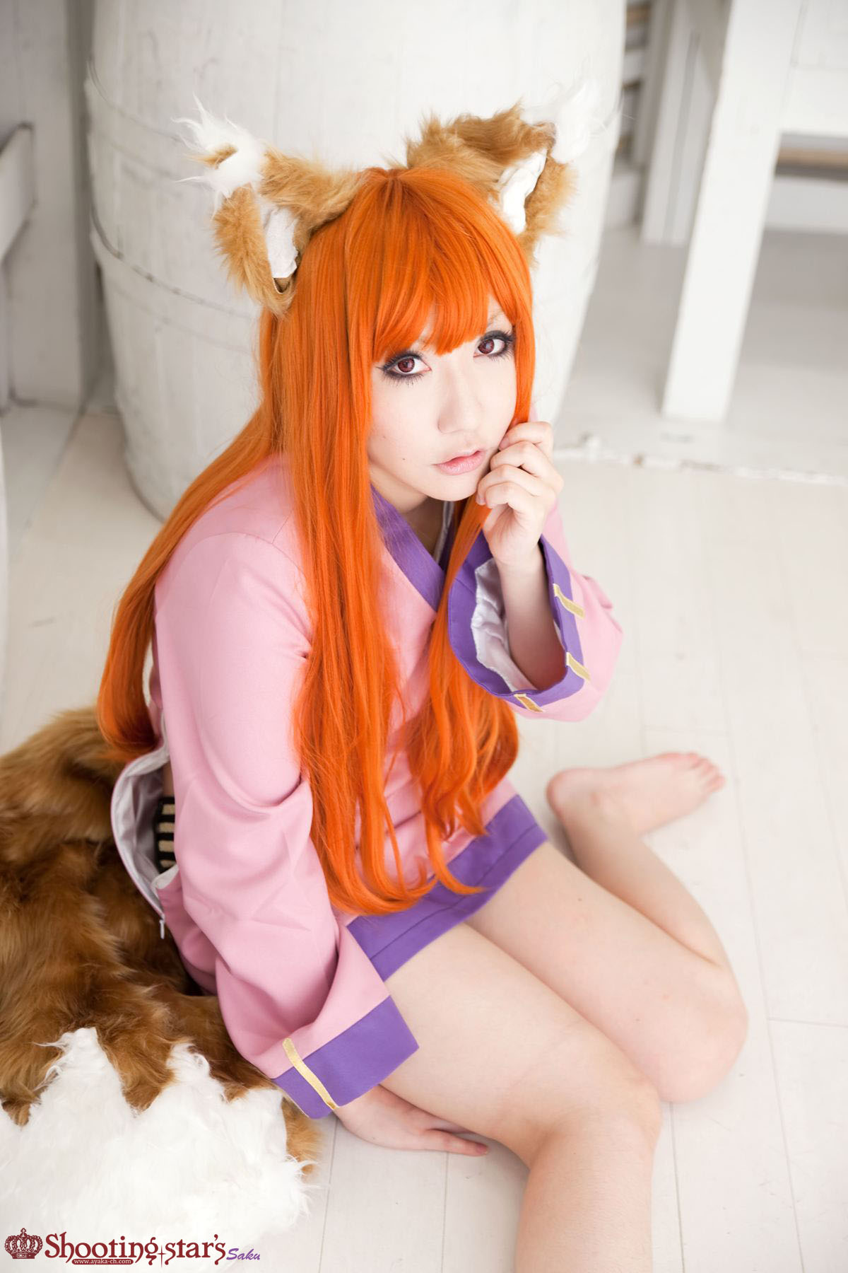 animal_ears asian breasts cosplay female long_hair orange_hair shooting_star solo watermark