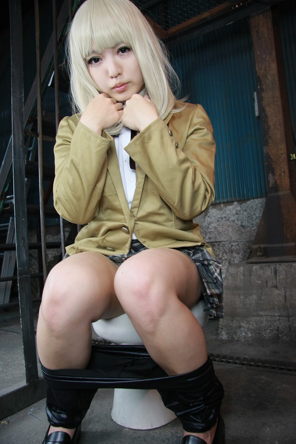 asian blonde_hair breasts cosplay female high_heels long_hair shoes simple_background sitting skirt socks solo toilet