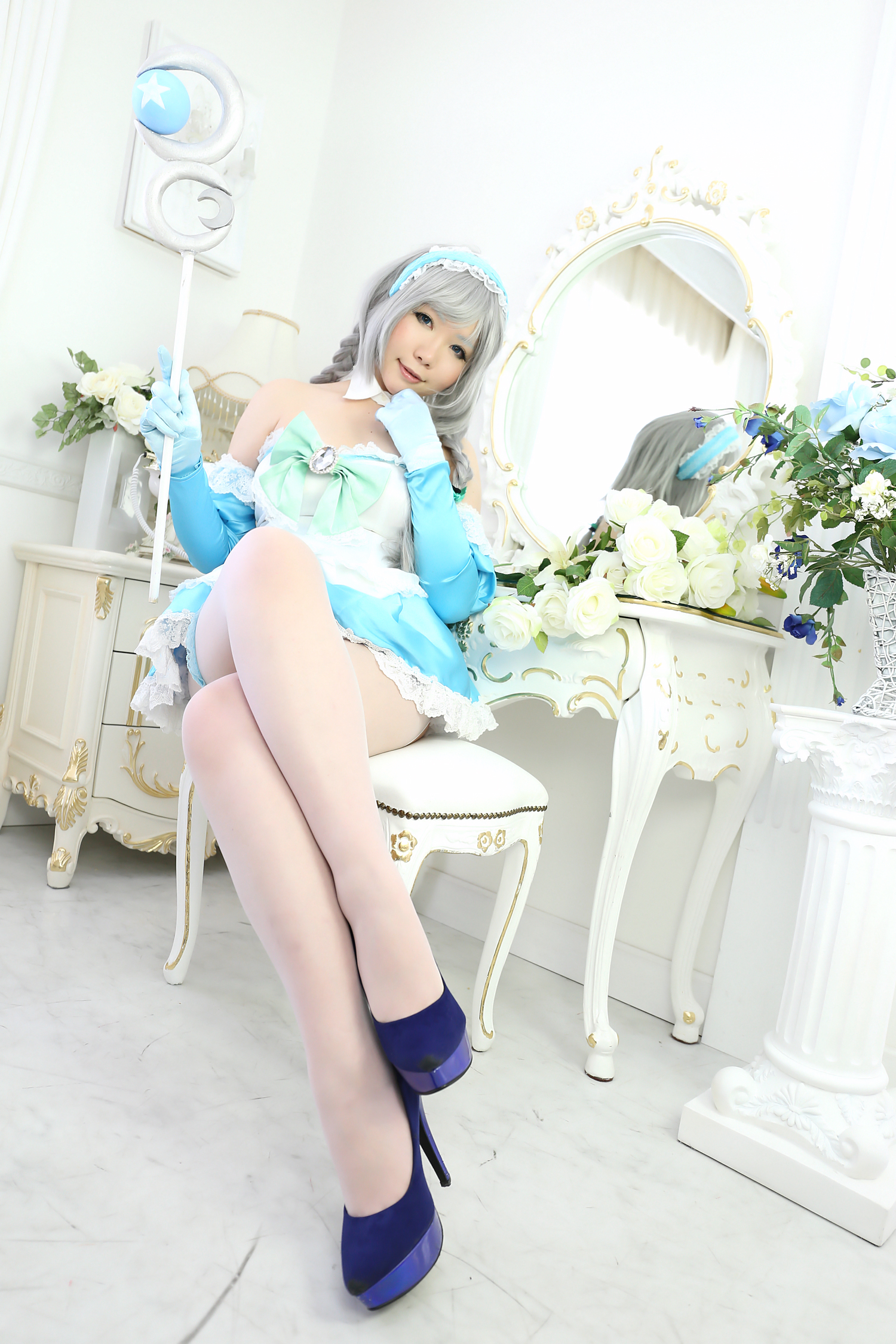 asian breasts cosplay dress female gloves gray_hair high_heels long_hair shoes solo thighhighs