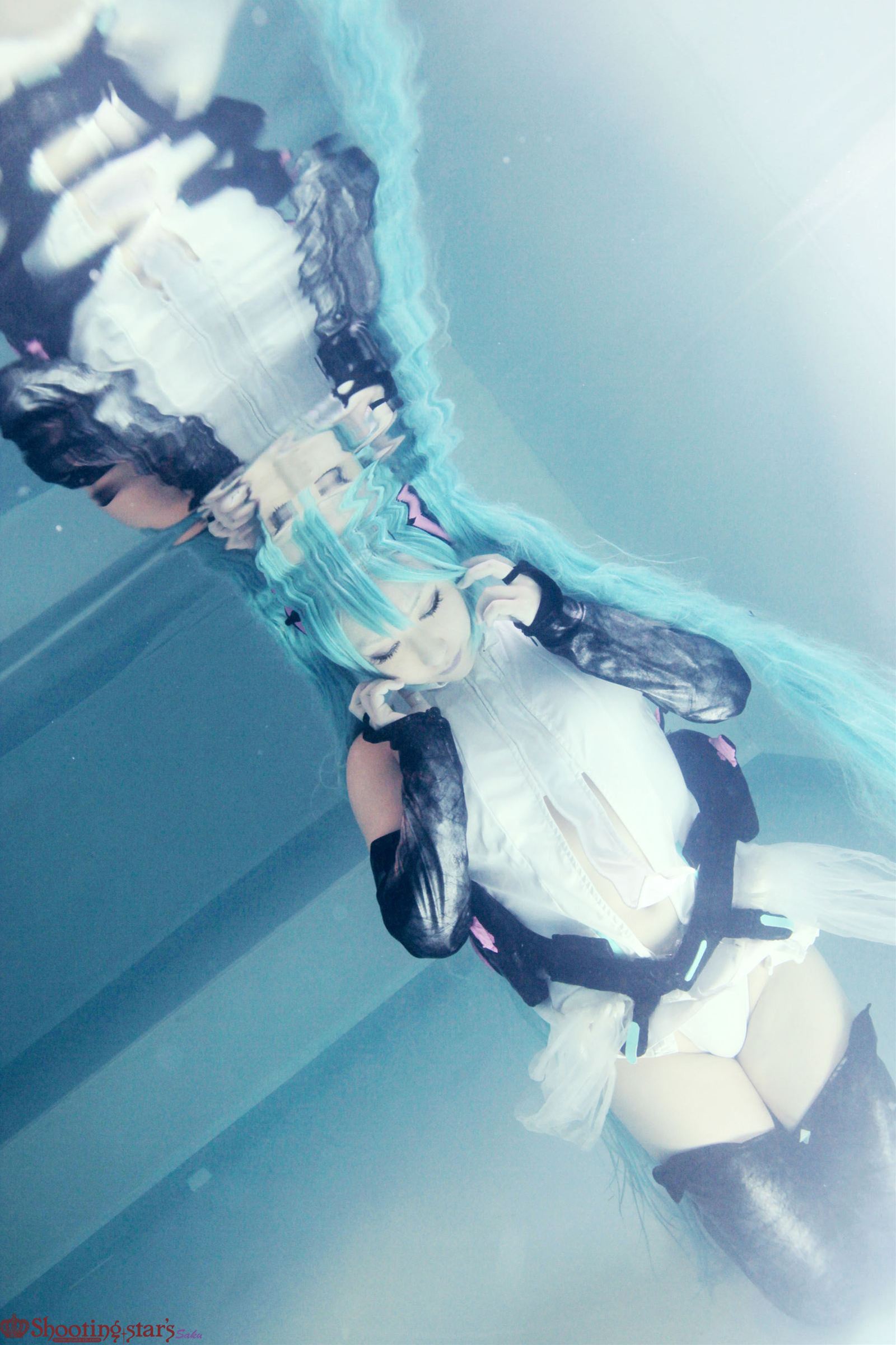 aqua_hair asian breasts cosplay elbow_gloves female gloves long_hair pigtails shooting_star solo watermark