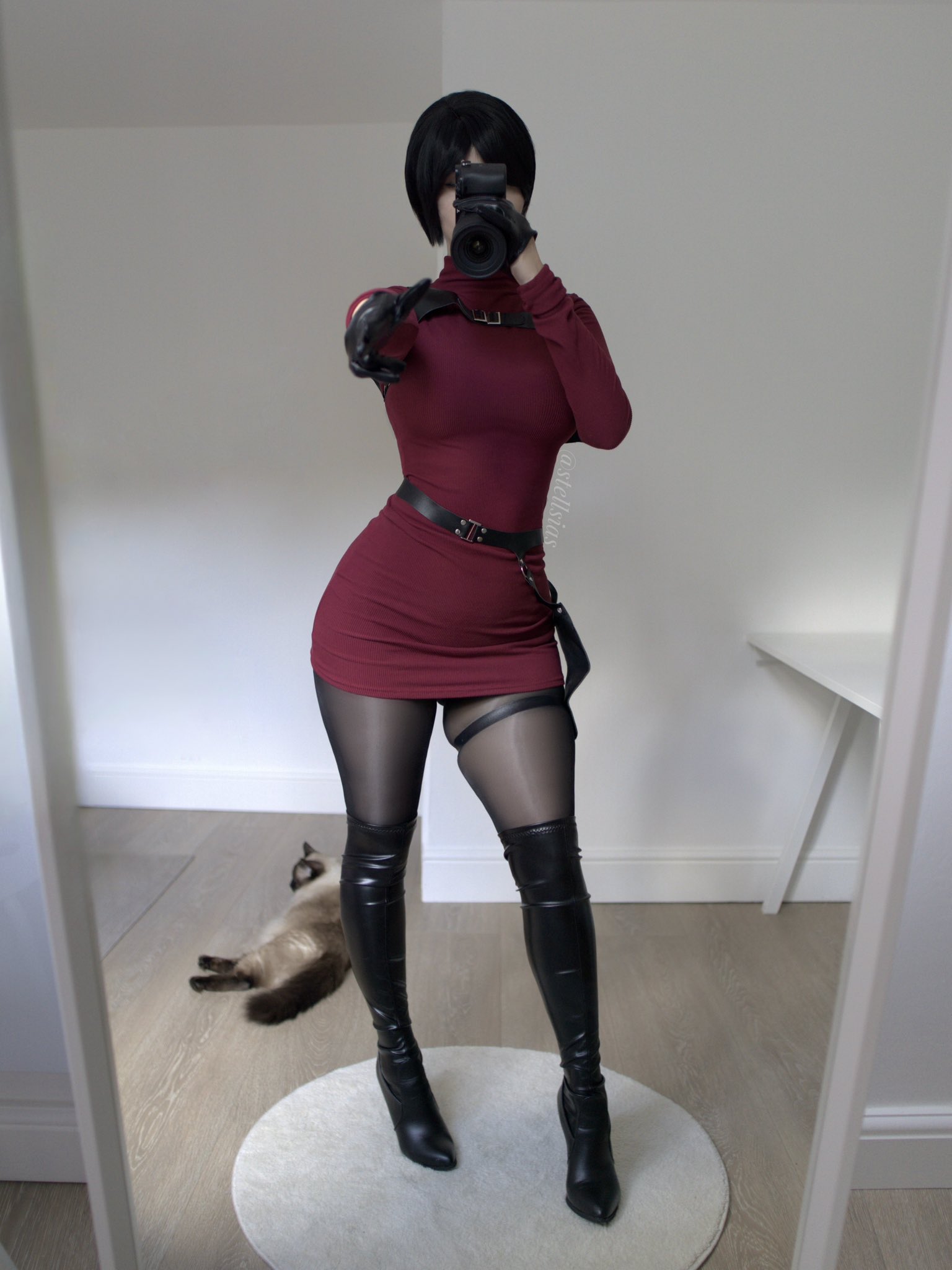 1girl ada_wong black_hair cosplay female female_solo legs miniskirt pantyhose resident_evil selfie short_hair skirt solo stellsias thighs