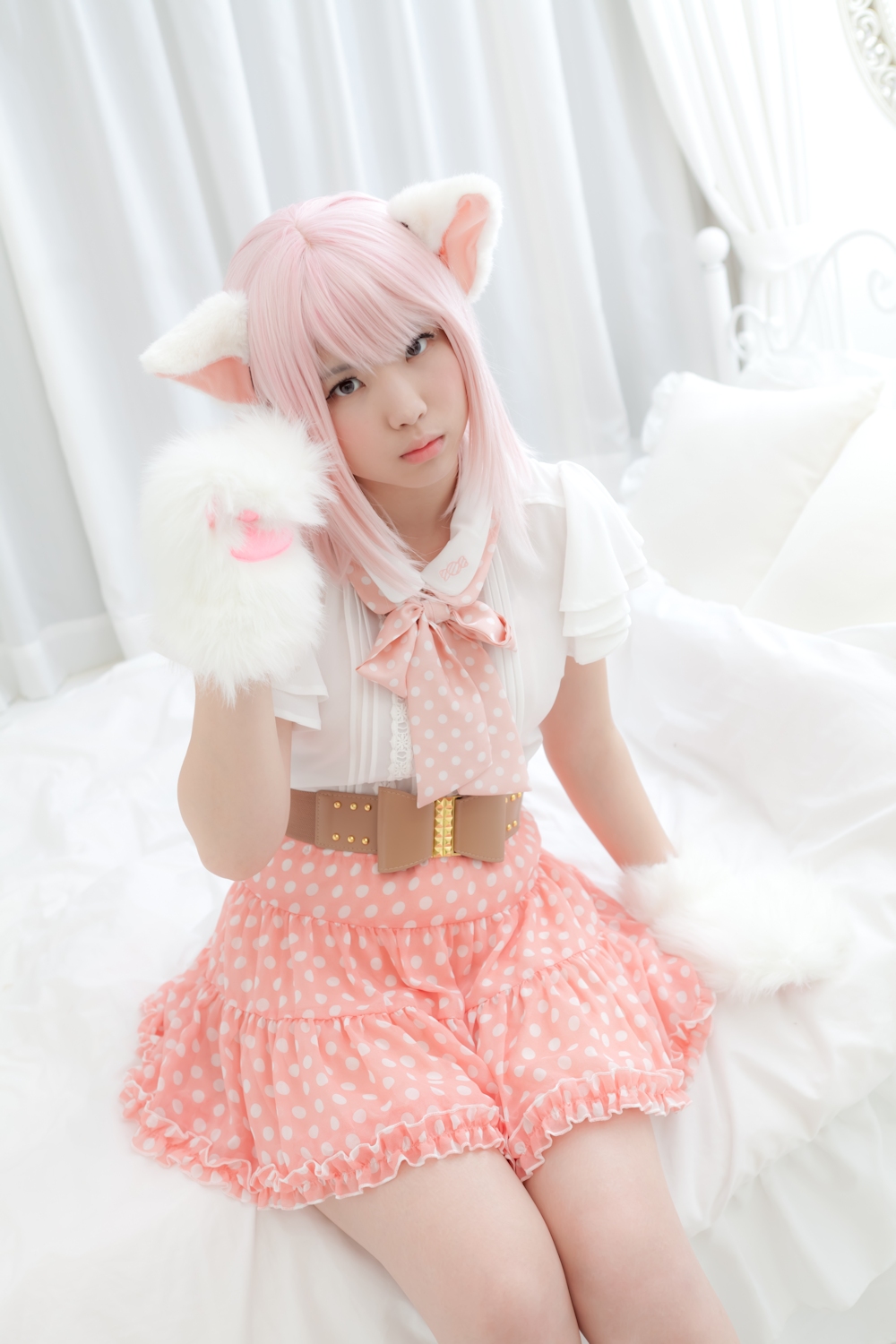 animal_ears asian breasts cosplay enako female long_hair pink_hair solo