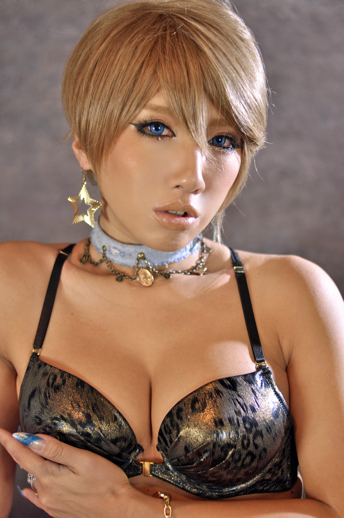 asian blonde_hair breasts earrings female long_hair nonsummerjack solo watermark
