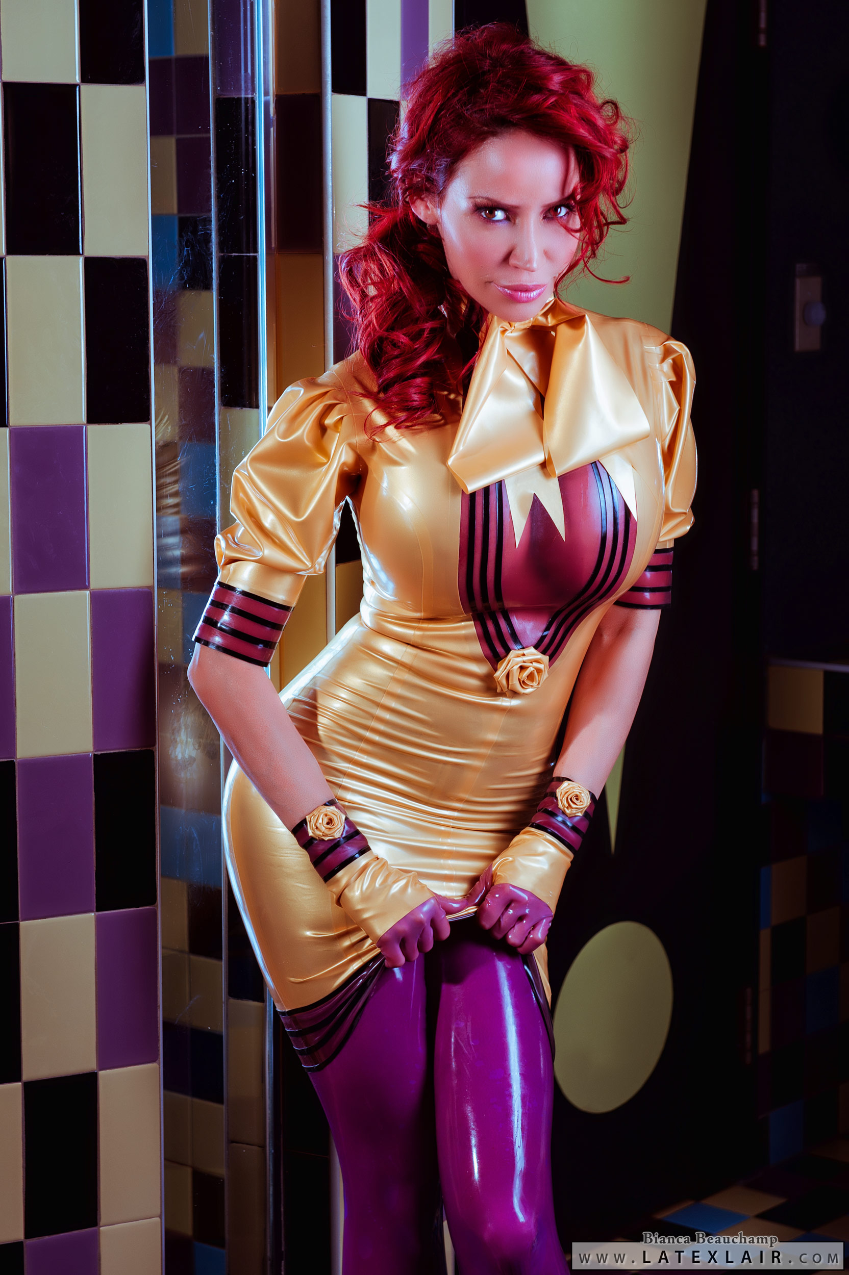 bianca_beauchamp breasts dress female gloves high_heels large_breasts latex lipstick makeup shoes solo watermark